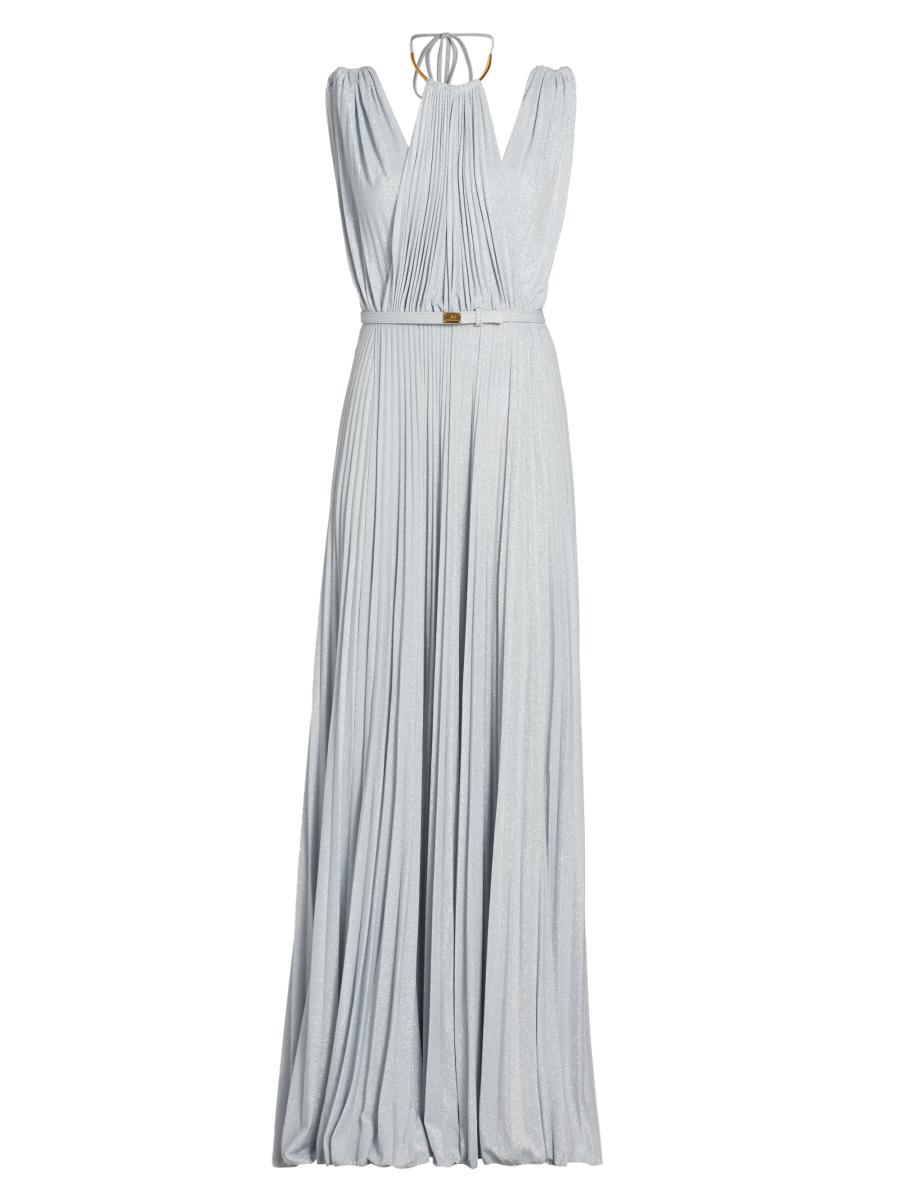 Elisabetta Franchi Red Carpet Metallic Jersey Belted Gown