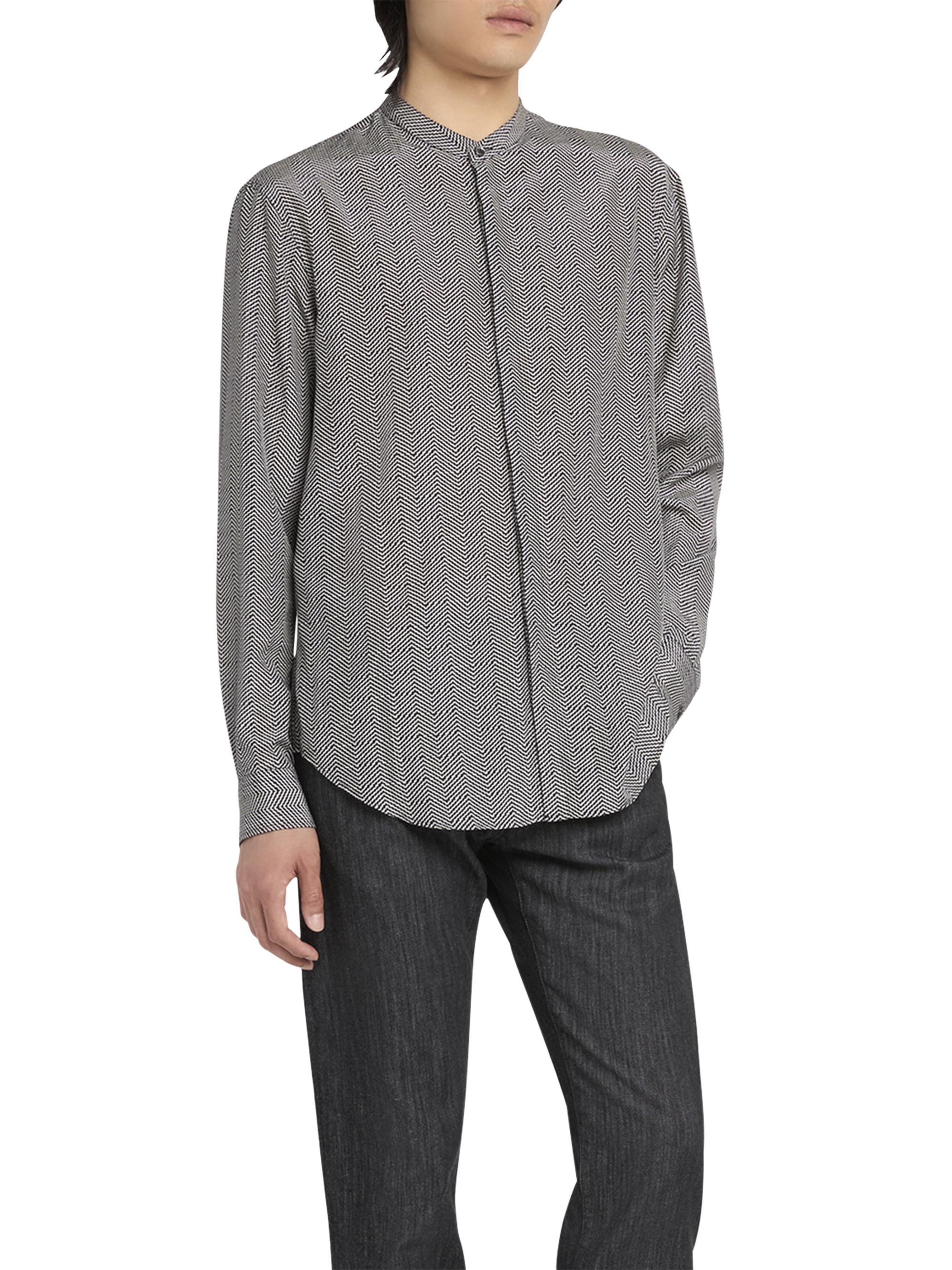 Giorgio Armani Men's Wavy Chevron-Print Silk-Cotton Shirt - Black | Thumbnail 3
