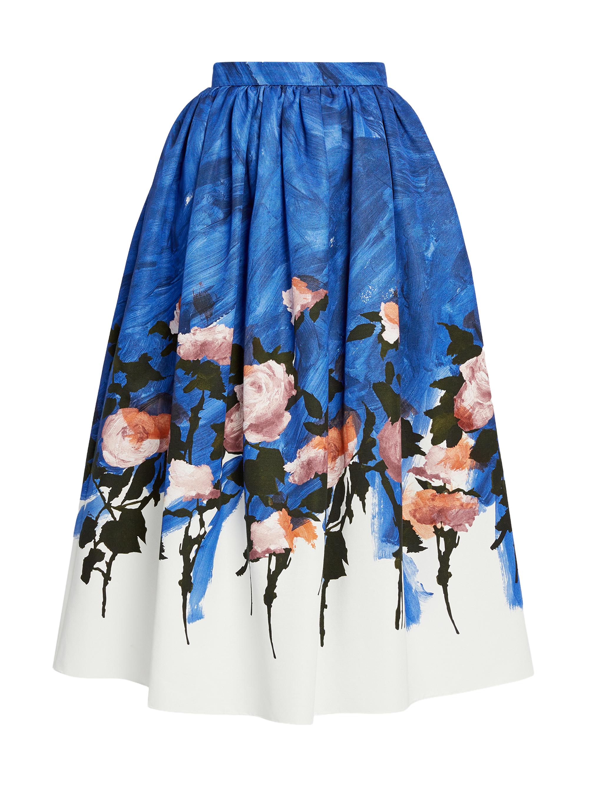 Erdem Women's Floral Gathered Midi-Skirt - Brushstroke Rose Cobalt Blue