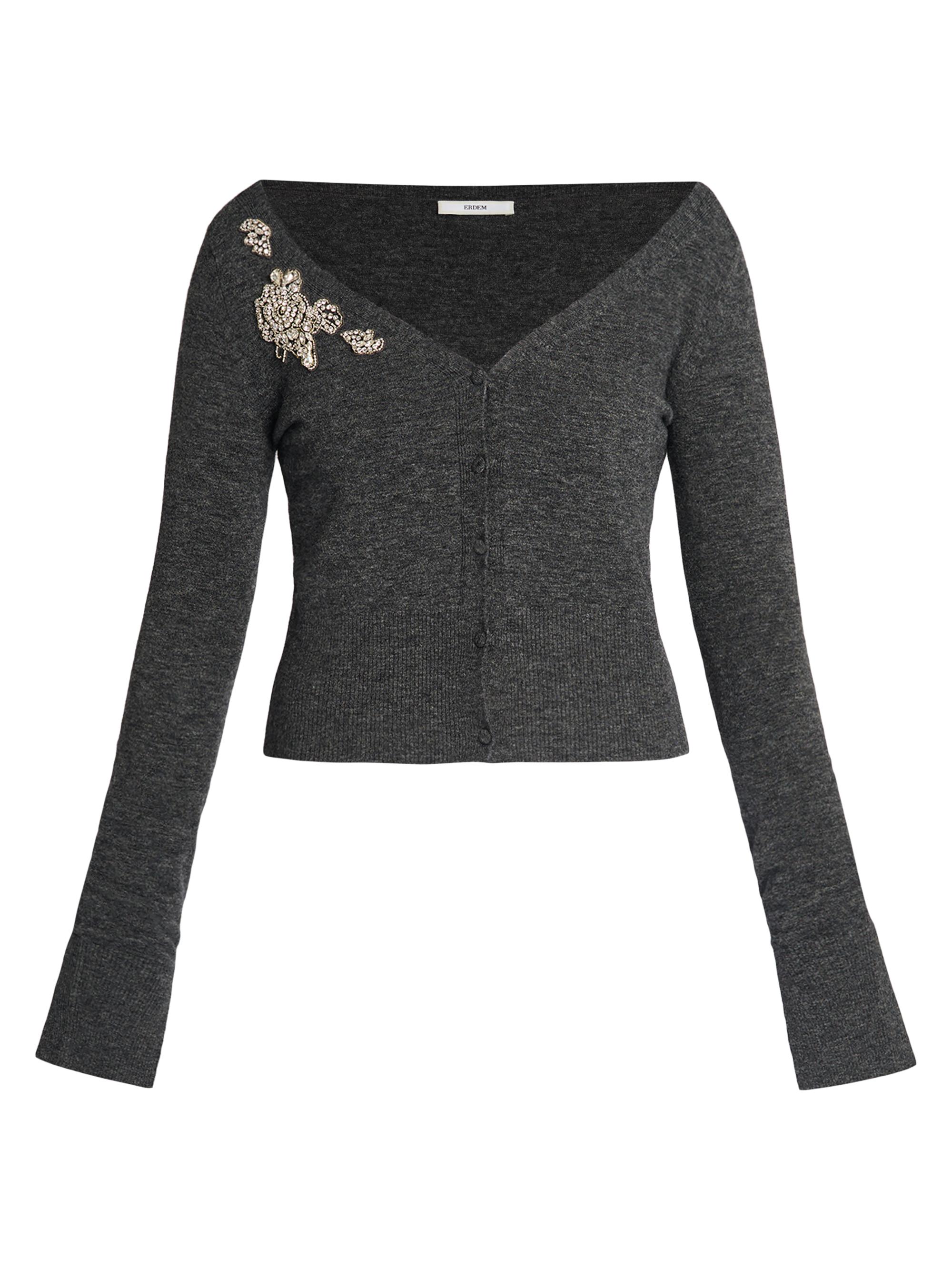 Erdem Women's Floral Crystal Appliqué Crop Cardigan - Dark Grey Melange