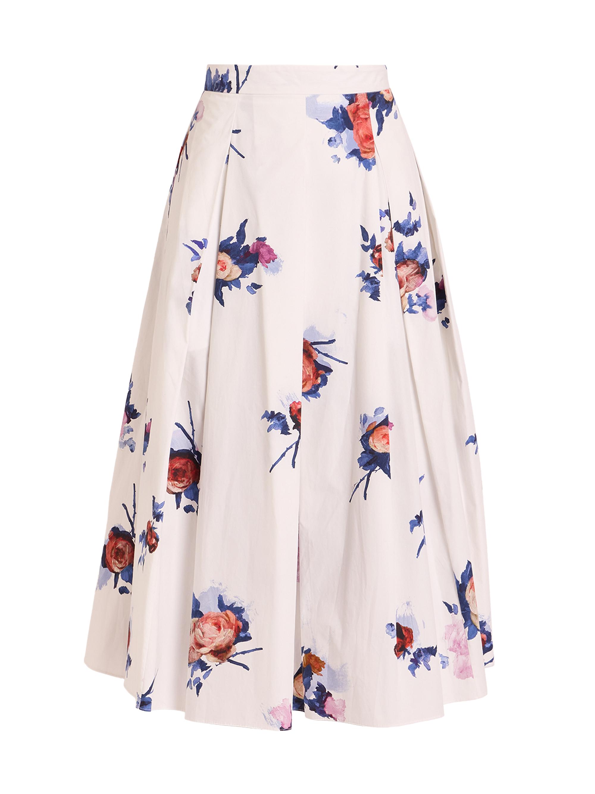 Erdem Women's Floral Pleated Midi-Skirt - Painted Rose Bouquet White