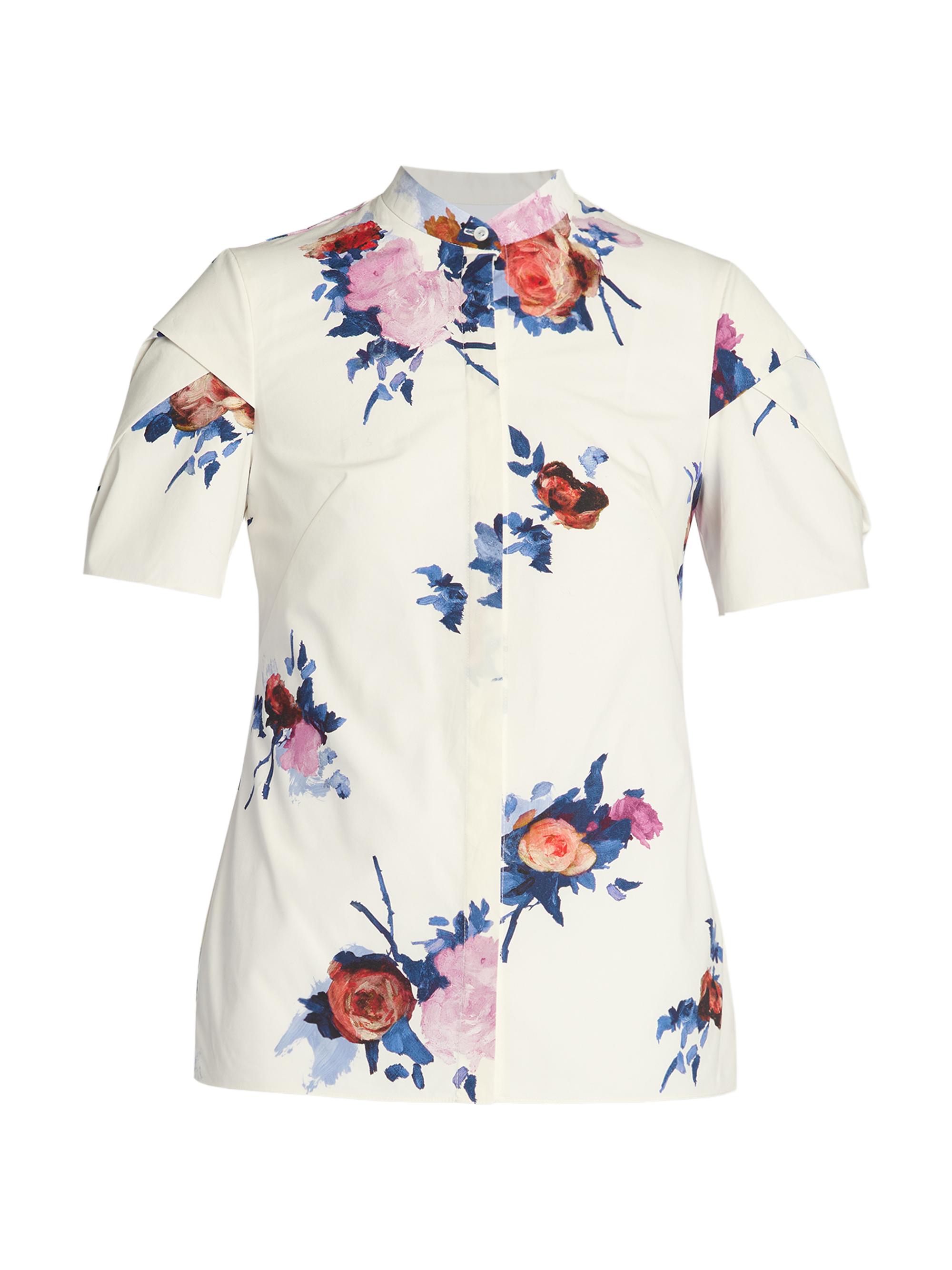 Erdem Women's Floral Cotton Shirt - Painted Rose Bouquet White
