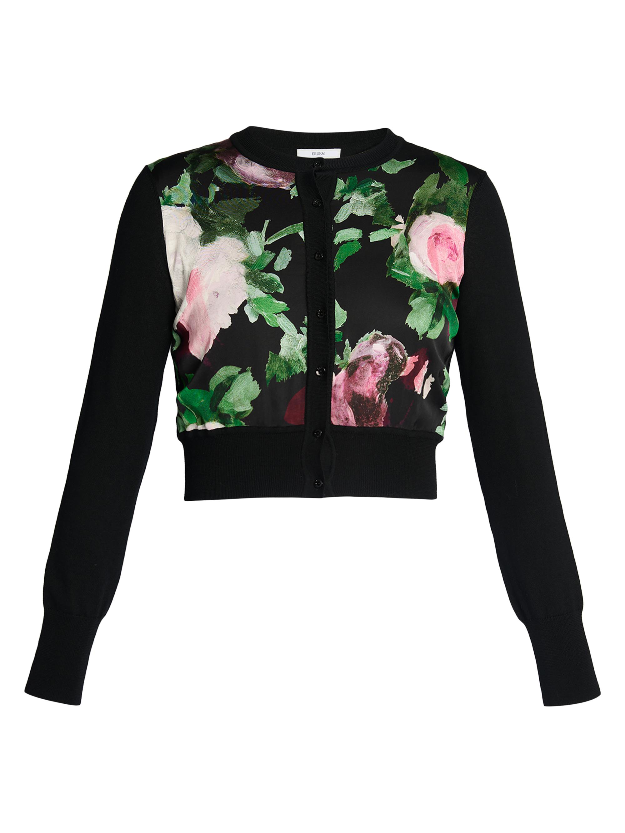 Erdem Women's Painted Roses Crop Cardigan - Painted Rose Bouquet Black
