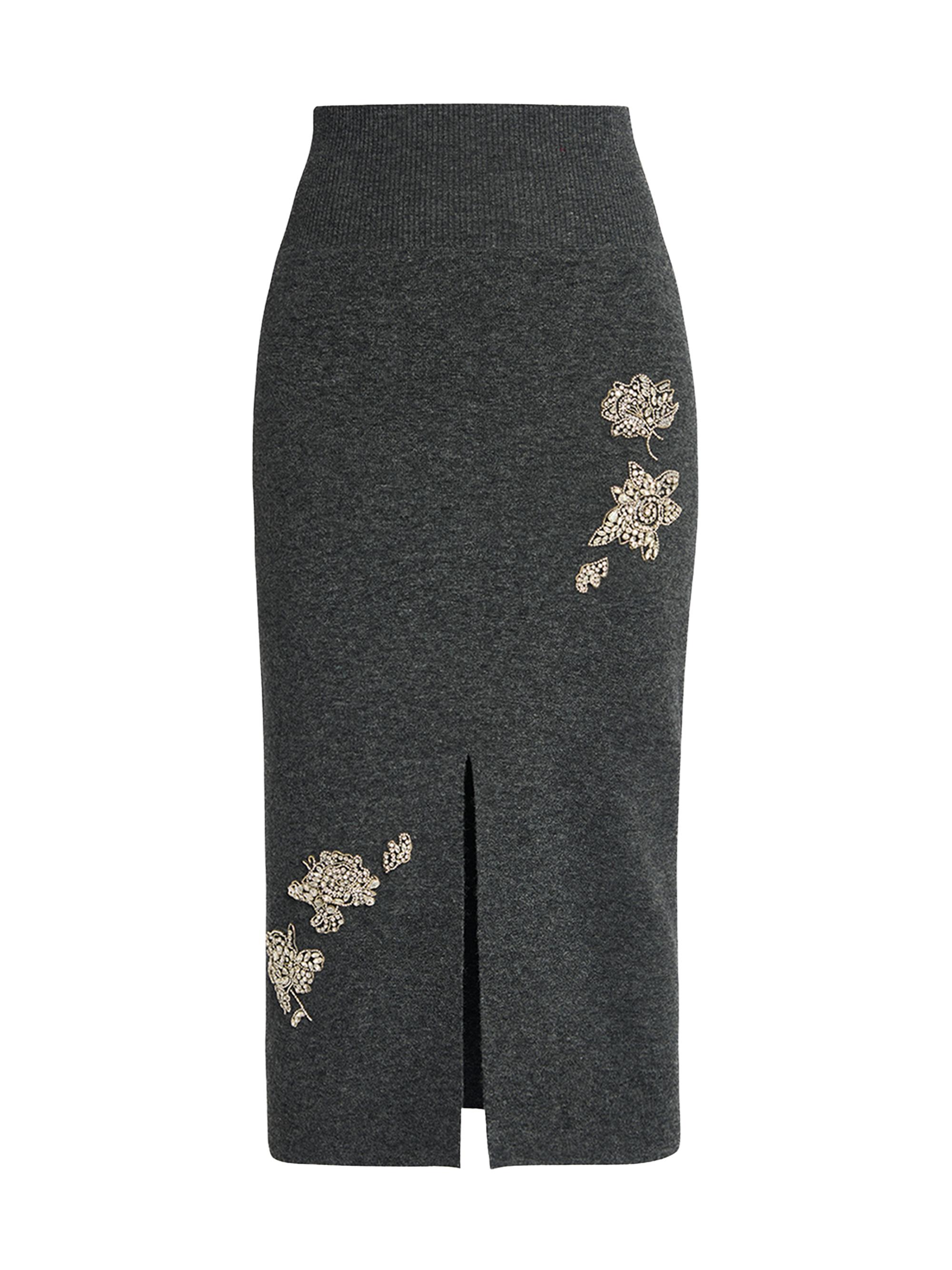Erdem Women's Crystal-Embellished Floral Knit Pencil Midi-Skirt - Dark Grey