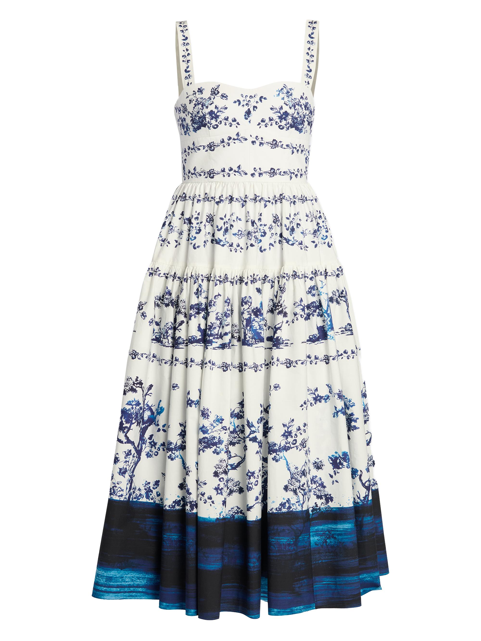 Erdem Women's Floral Dyed-Hem Midi-Dress - Cyanotype Etching White