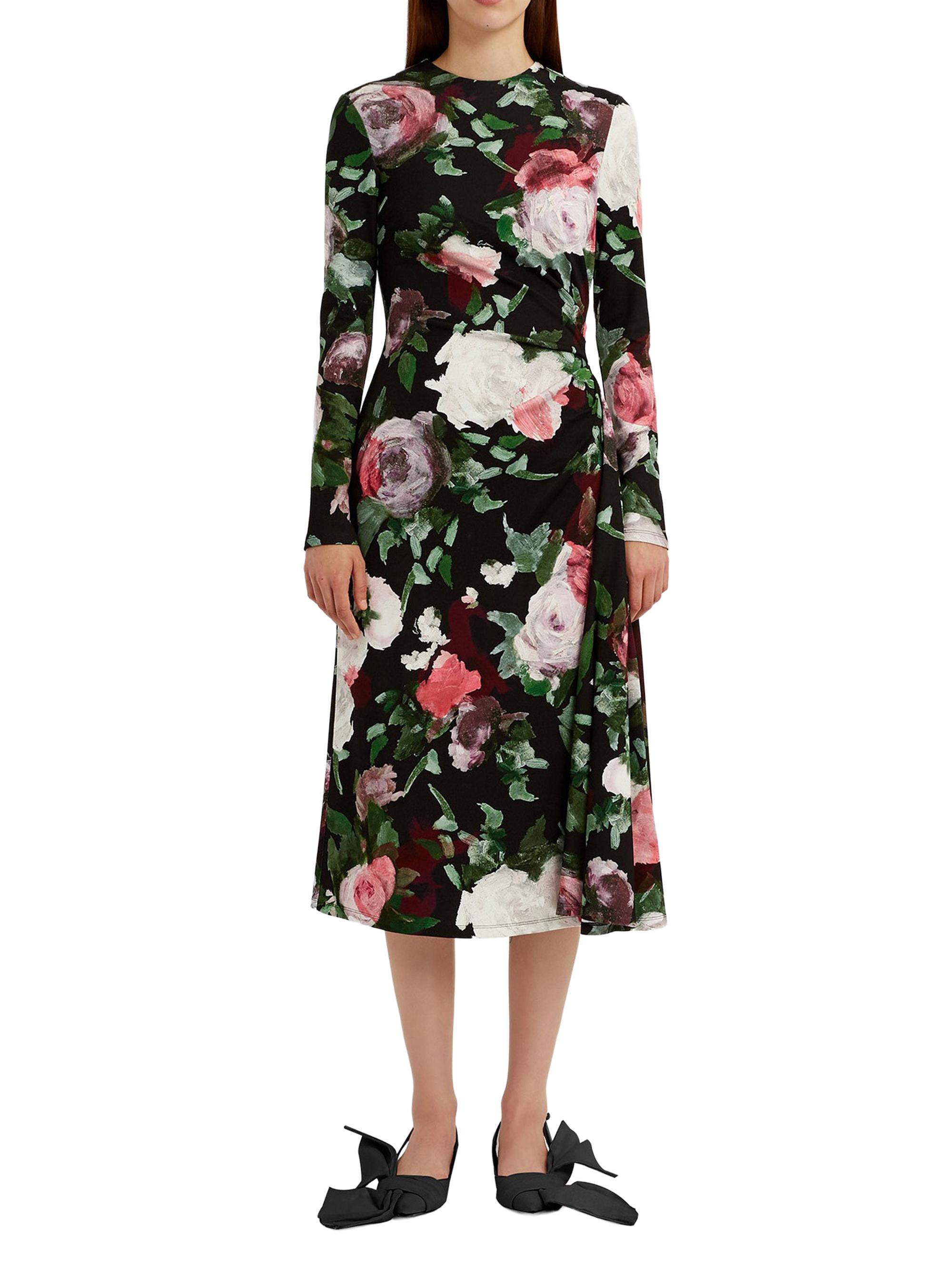 Erdem Women's Floral Draped Midi-Dress - Painted Rose Bouquet Black