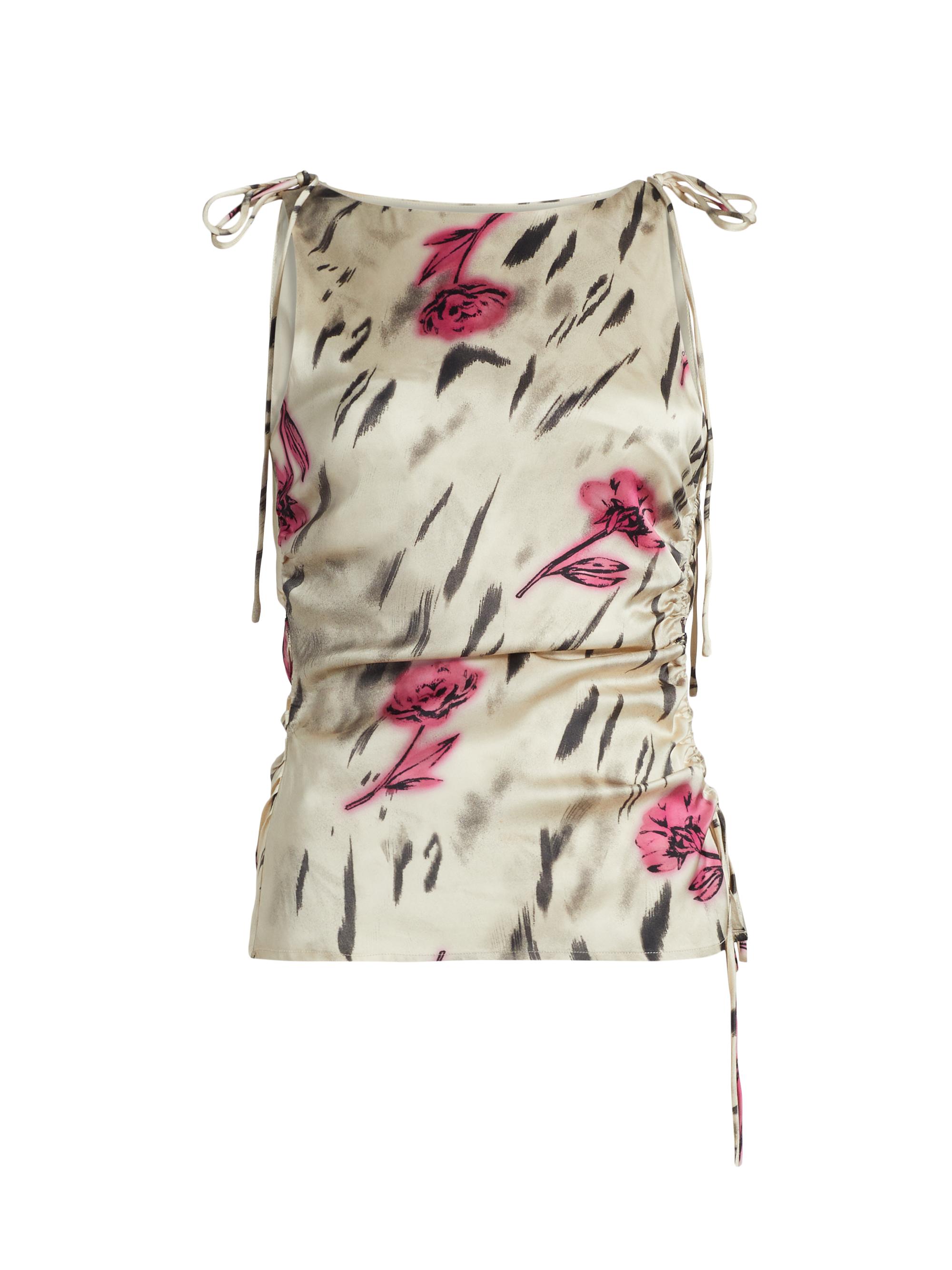 Ganni Women's Printed Floral Satin Ruched Top - Egret