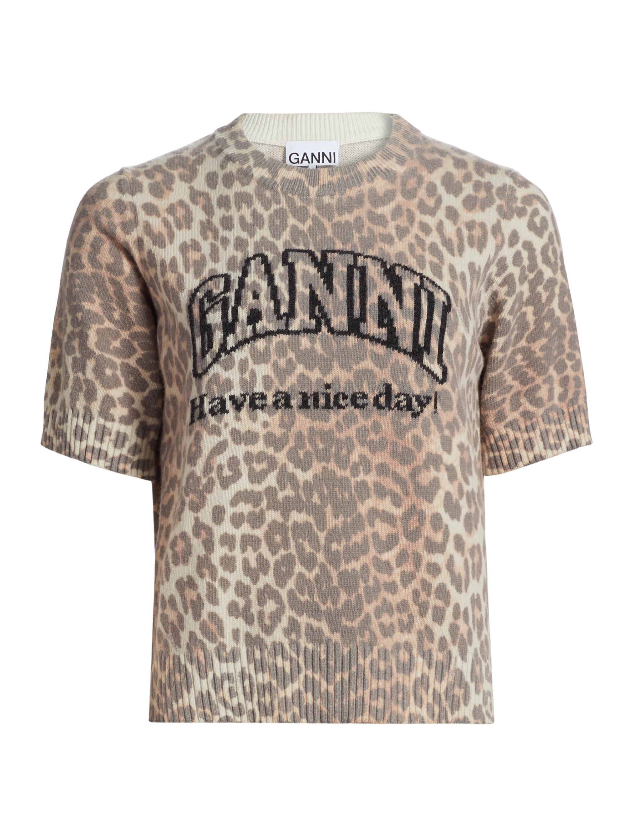 Ganni Women's Leopard-Print Wool-Blend T-Shirt - Leopard