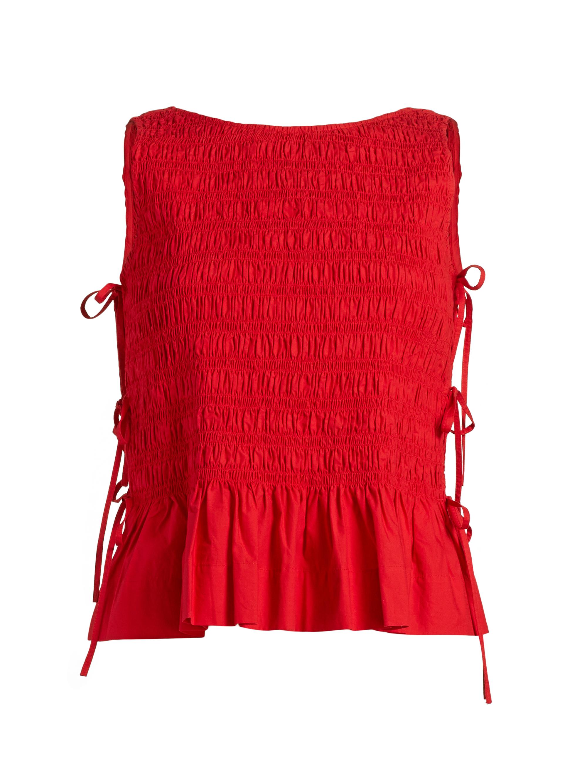 Ganni Women's Smocked Side-Tie Cotton Top - Racing Red