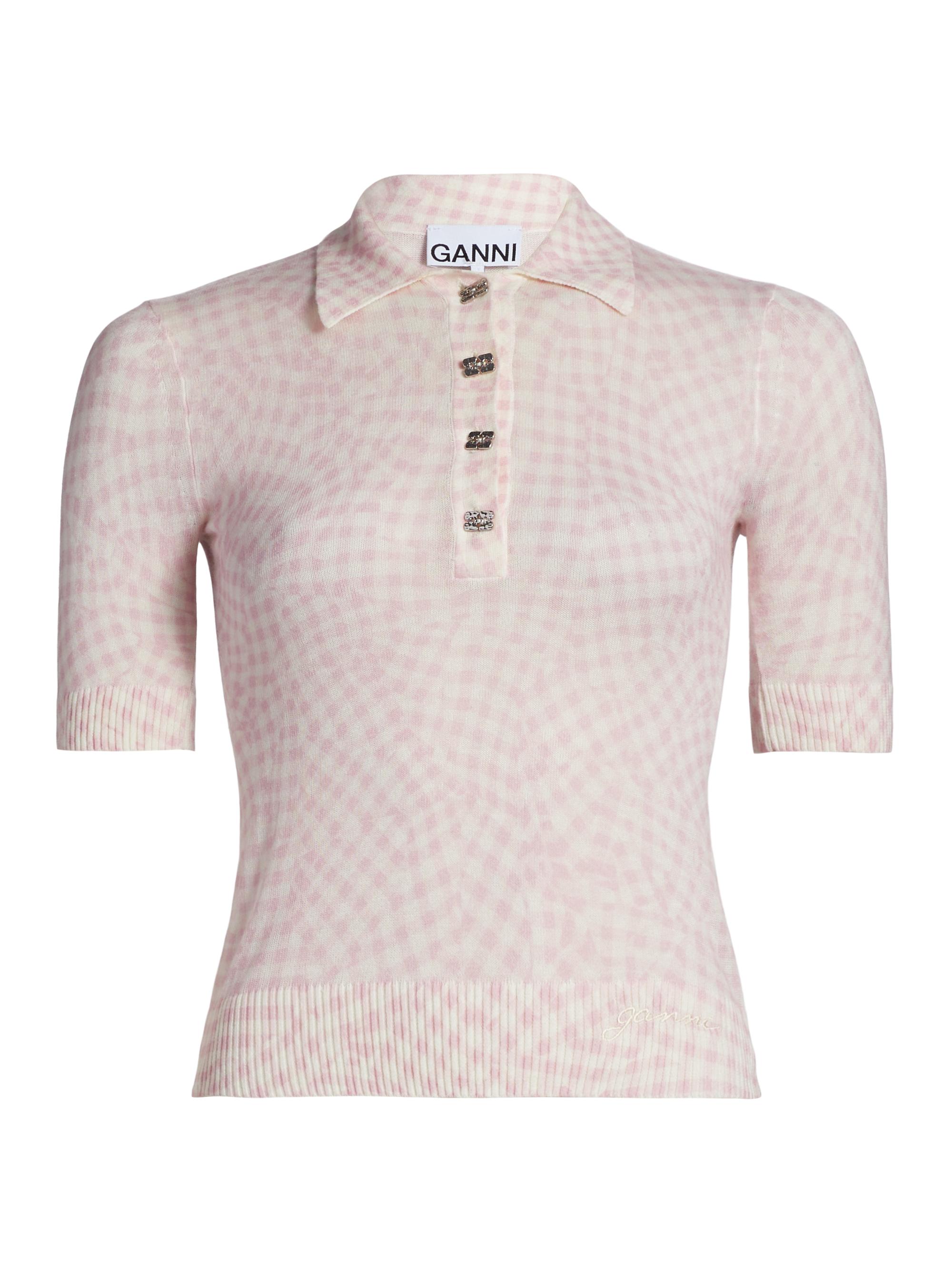 Ganni Women's Checked Sheer Cotton-Blend Polo Shirt - Bleached Mauve