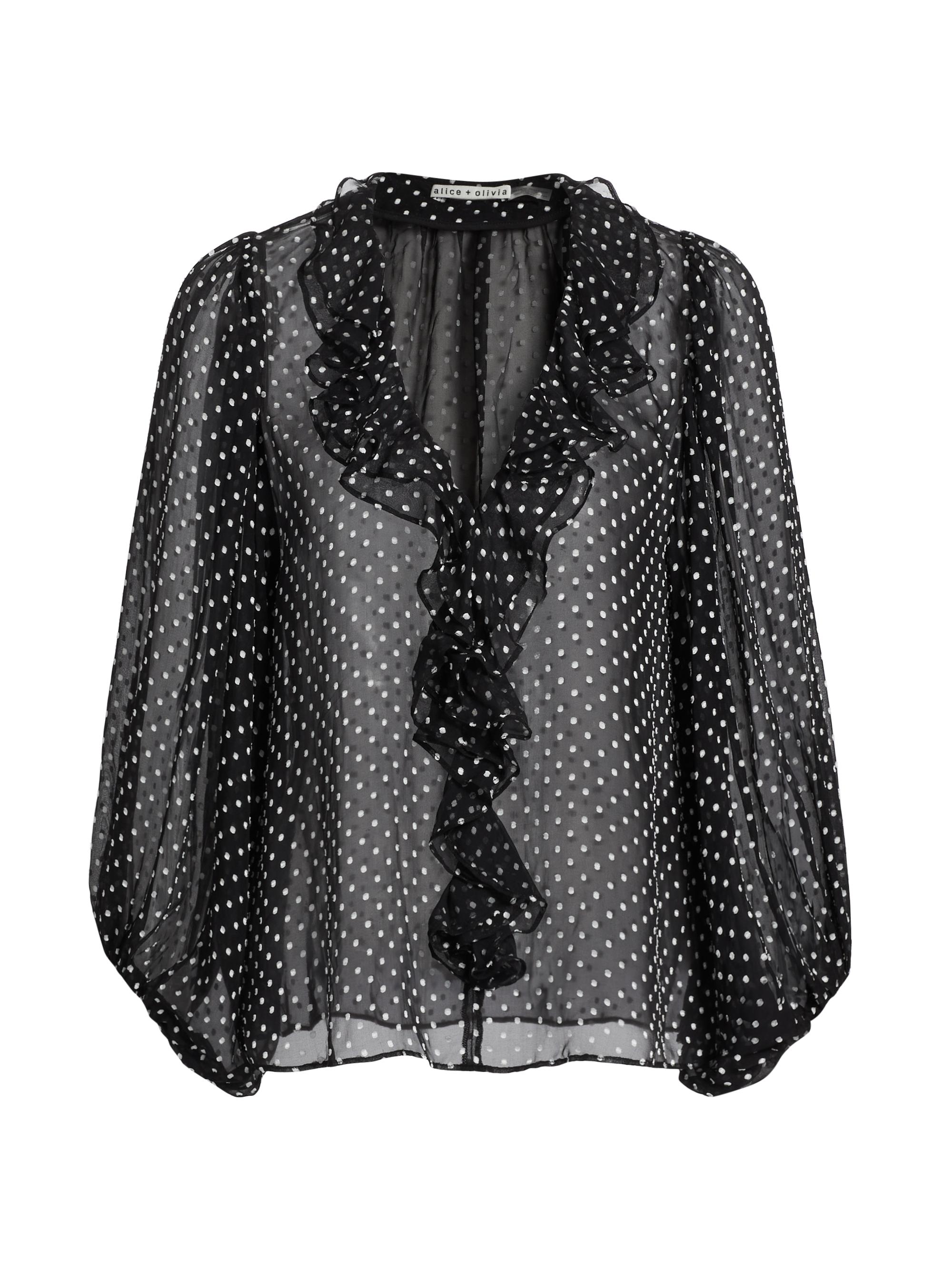 Alice + Olivia Women's Betsie Ruffled Silk-Blend Chiffon Blouse - Black Off White Polka Dot