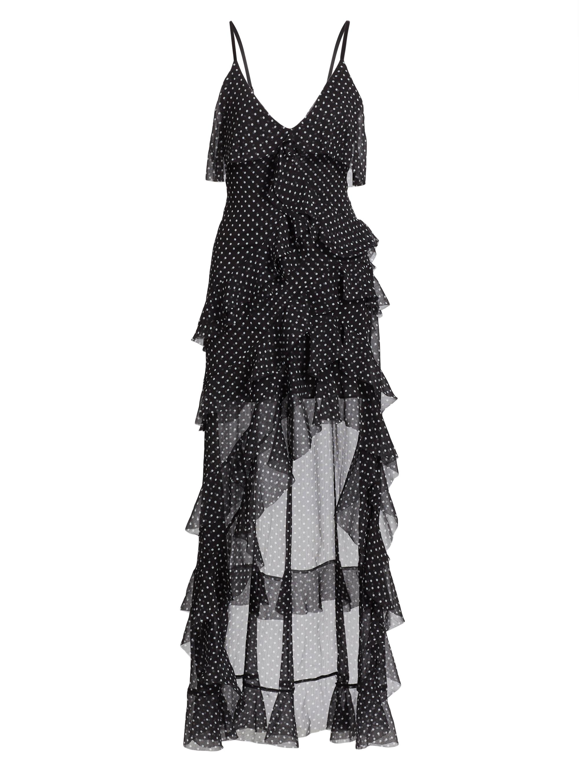 ワンピース Tiered Polka-Dot Long Dress black M Summer SMihono Women's Halter Neck Pleated Polka Dot Print