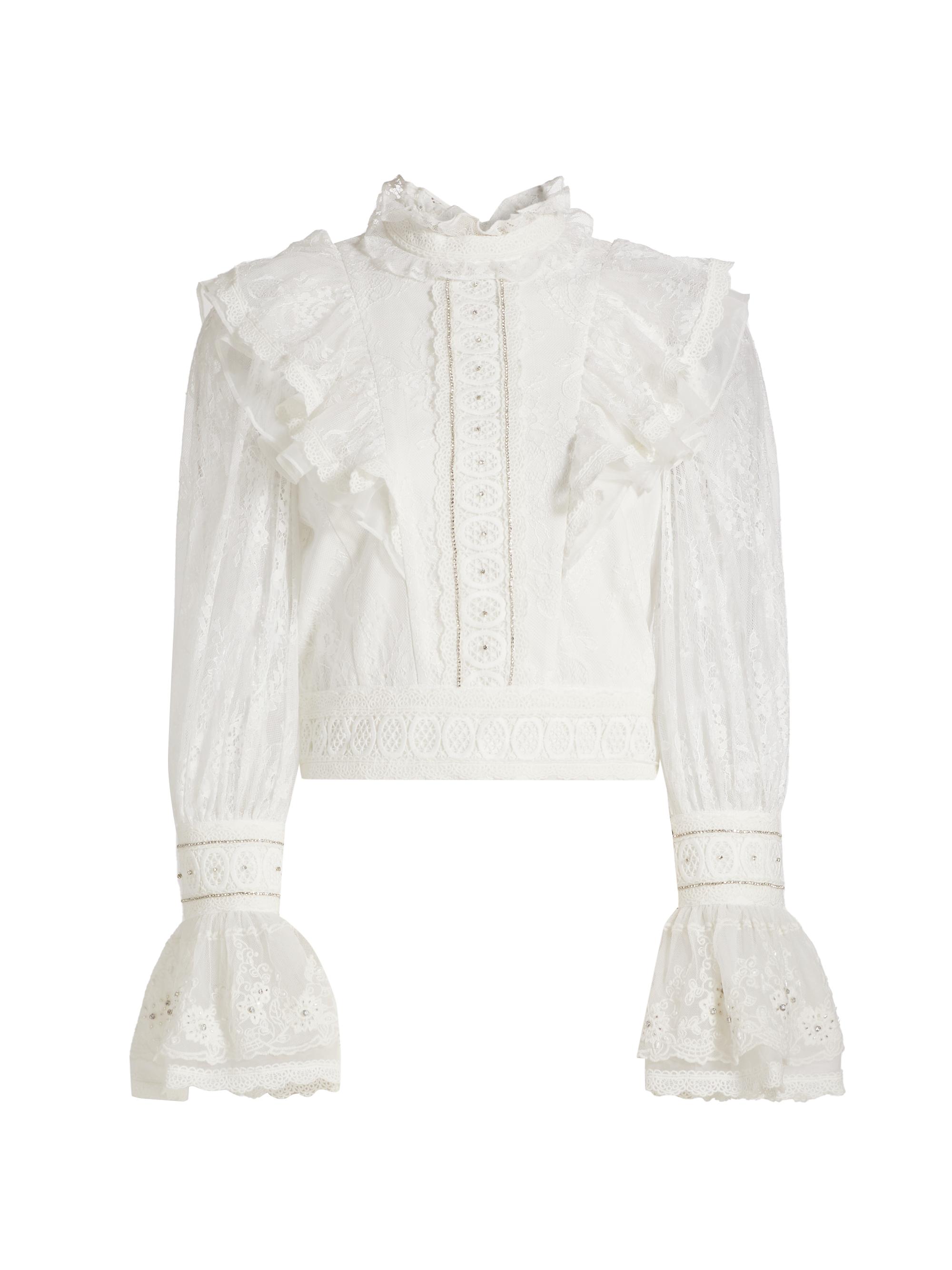 Alice + Olivia Delpha Embellished Lace Ruffle Crop Top | Saks