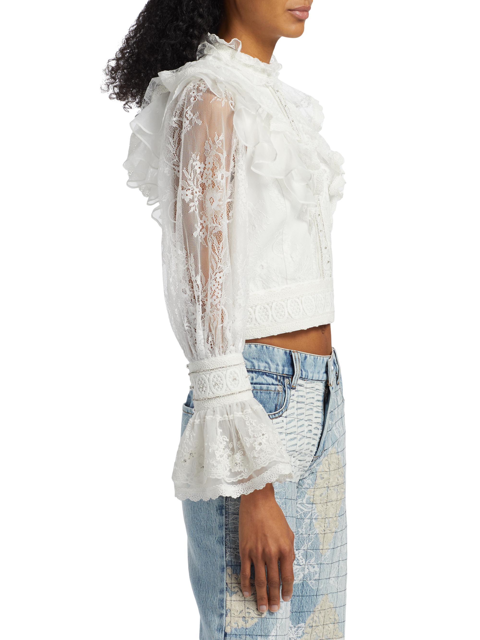 Alice + Olivia Delpha Embellished Lace Ruffle Crop Top | Saks