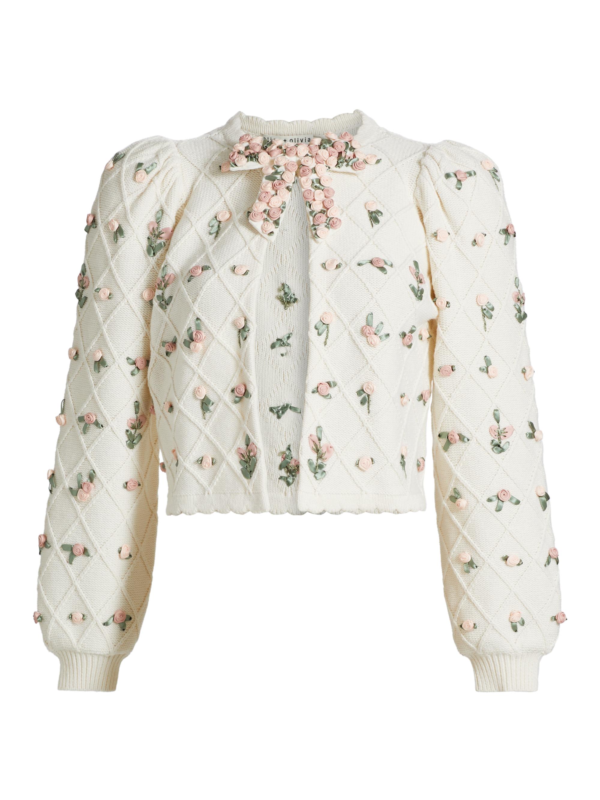 Alice + Olivia Women's Kitty Floral Puff-Sleeve Cardigan - Soft White Multi
