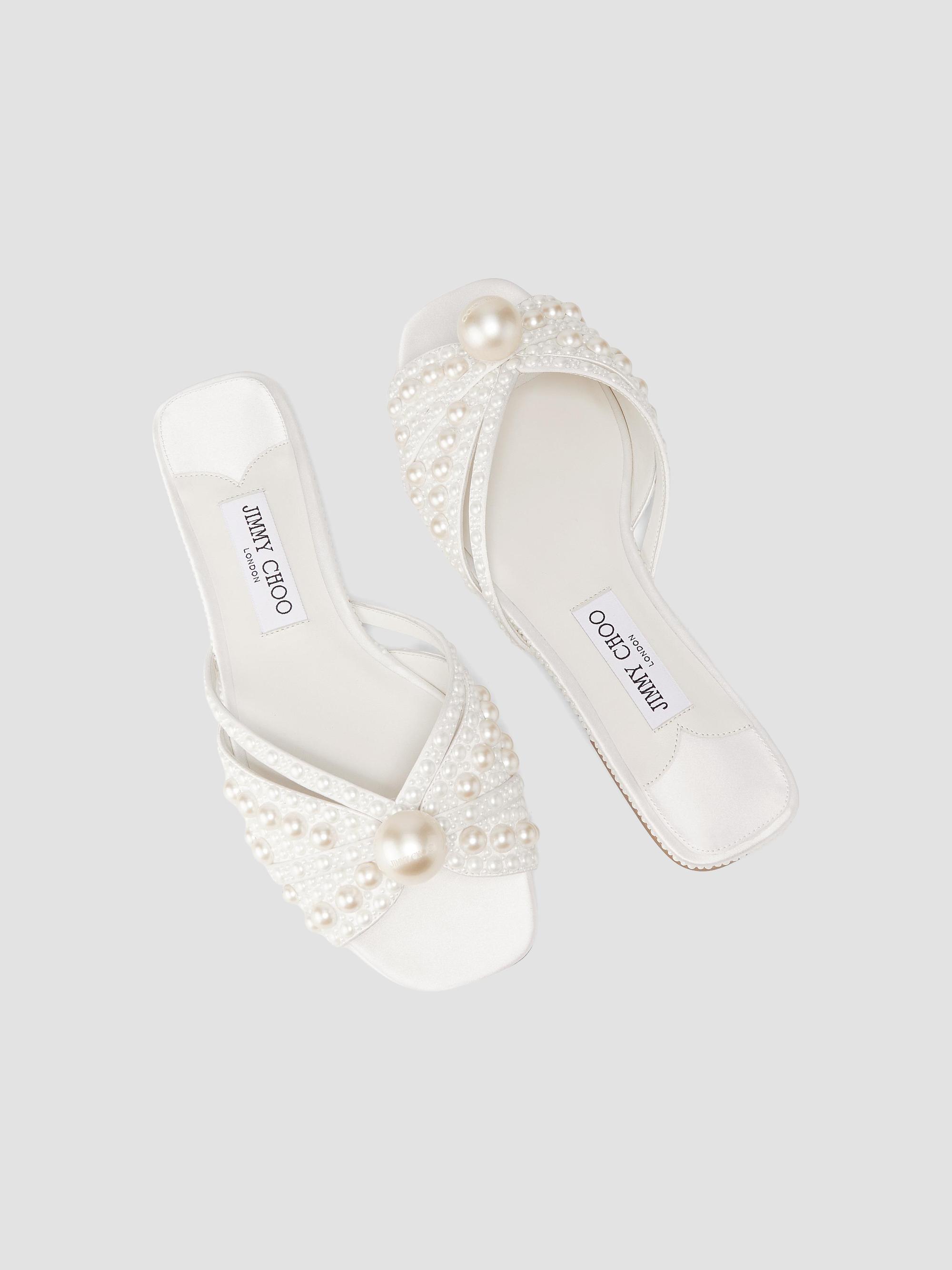 JIMMY CHOO パール装飾 スライドサンダル ホワイト　37 Jimmy Choo Siva Imitation Pearl-Embellished Satin Sandals | Saks