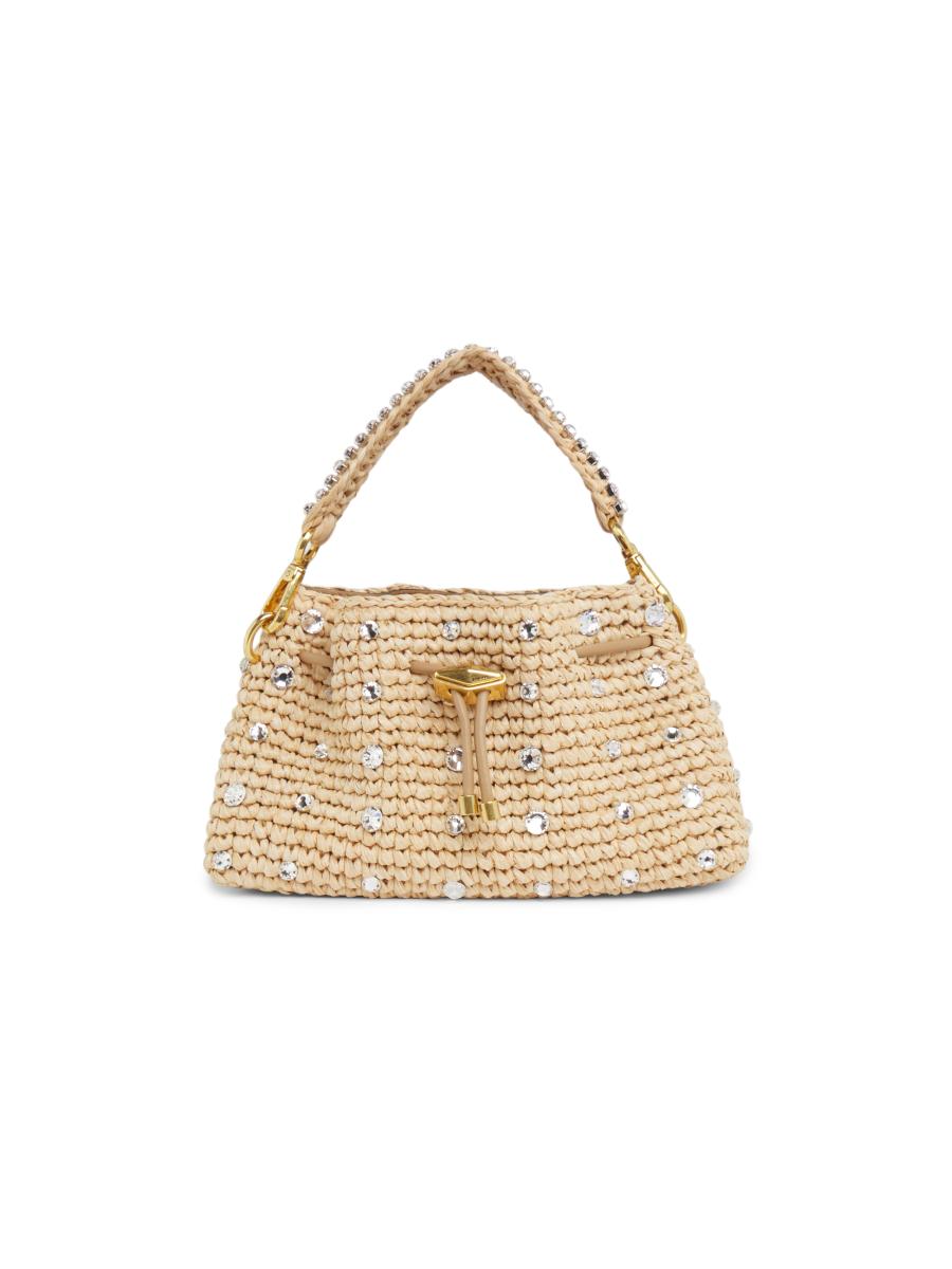 Jimmy Choo Cinch Small Crystal-Embellished Raffia Shoulder Bag