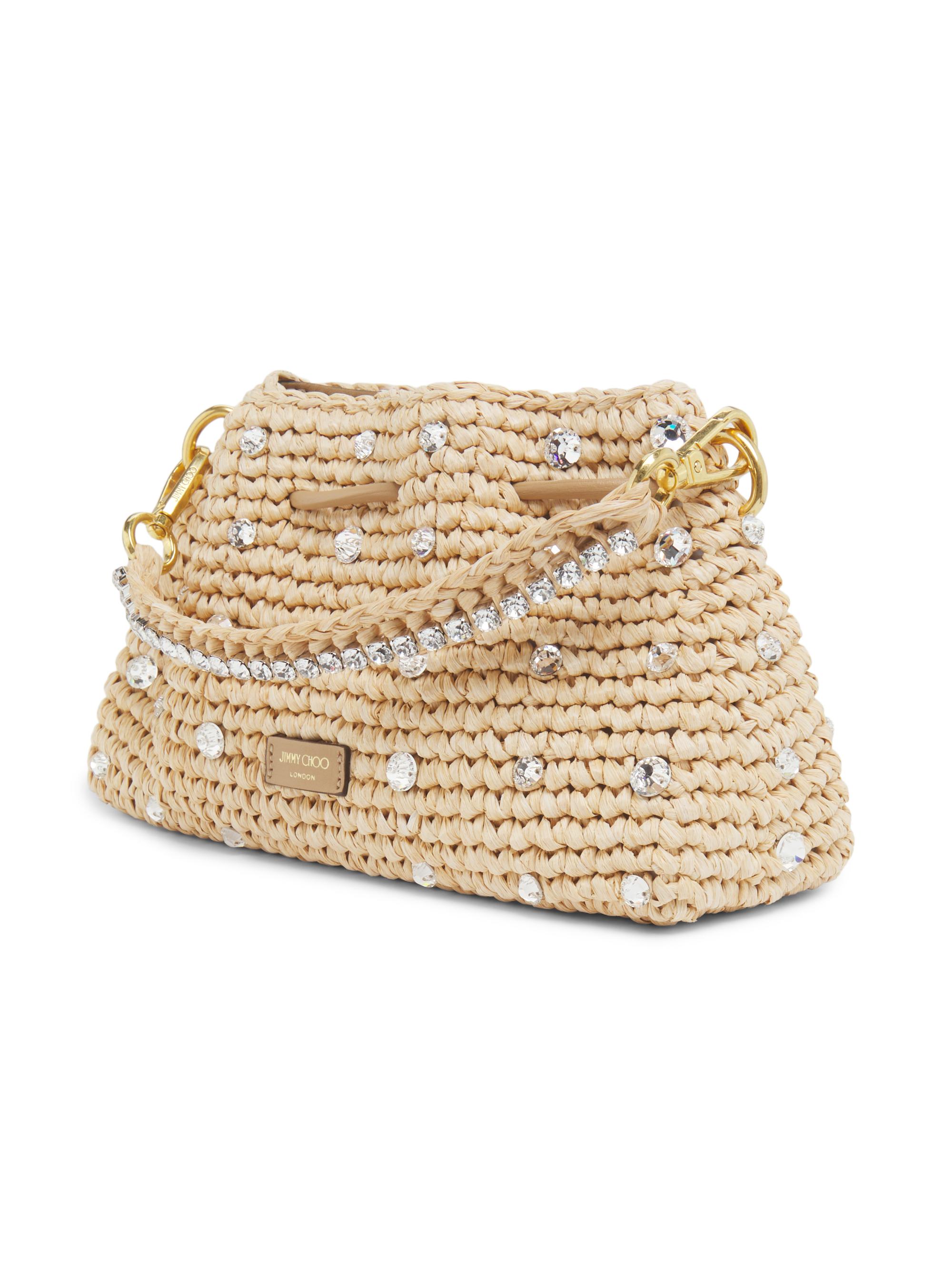 Jimmy Choo Cinch Small Crystal-Embellished Raffia Shoulder Bag