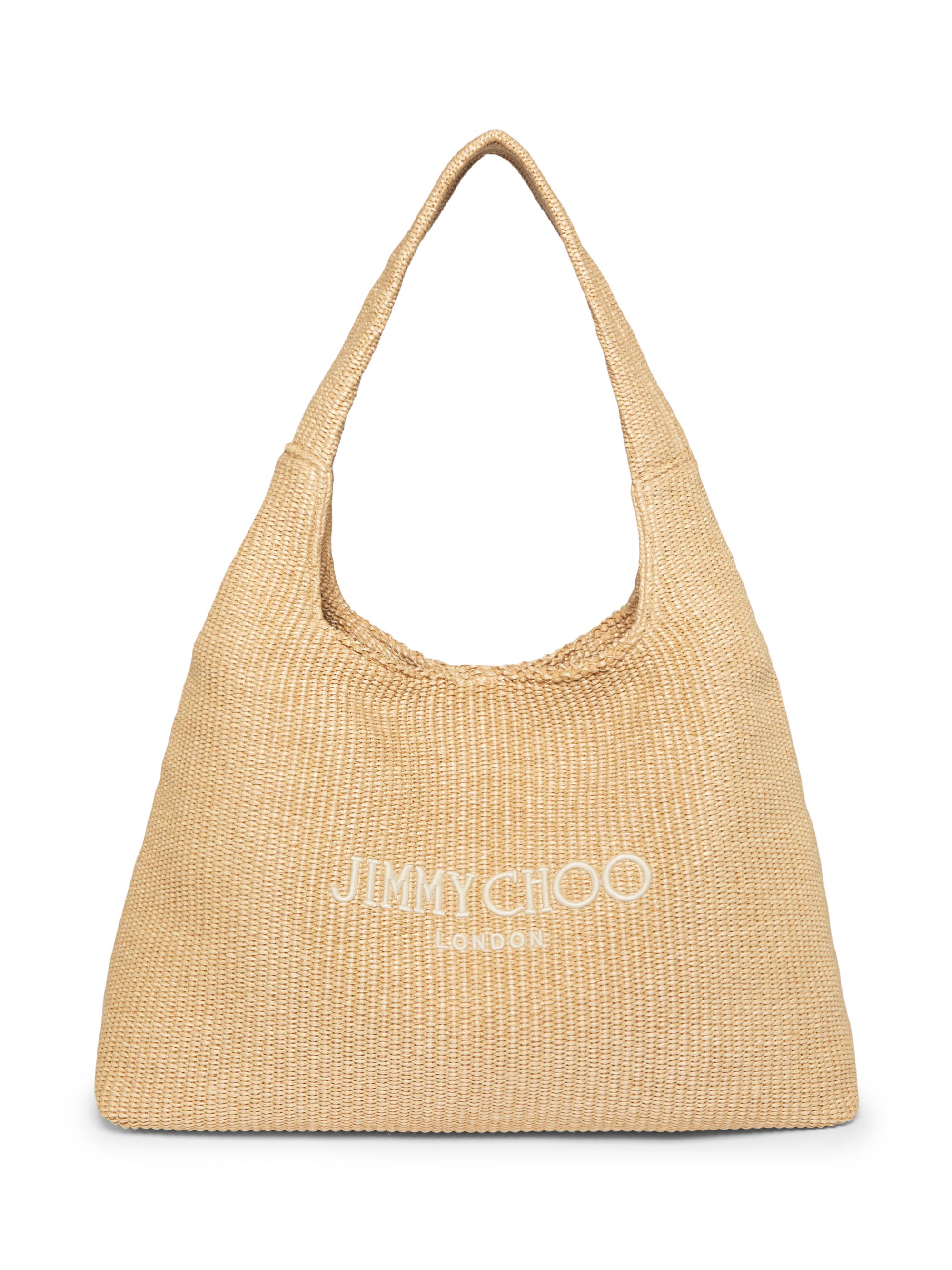 バッグ JIMMY CHOO Drawstring Tote L |Natural Soft Raffia Tote with Smooth Calf