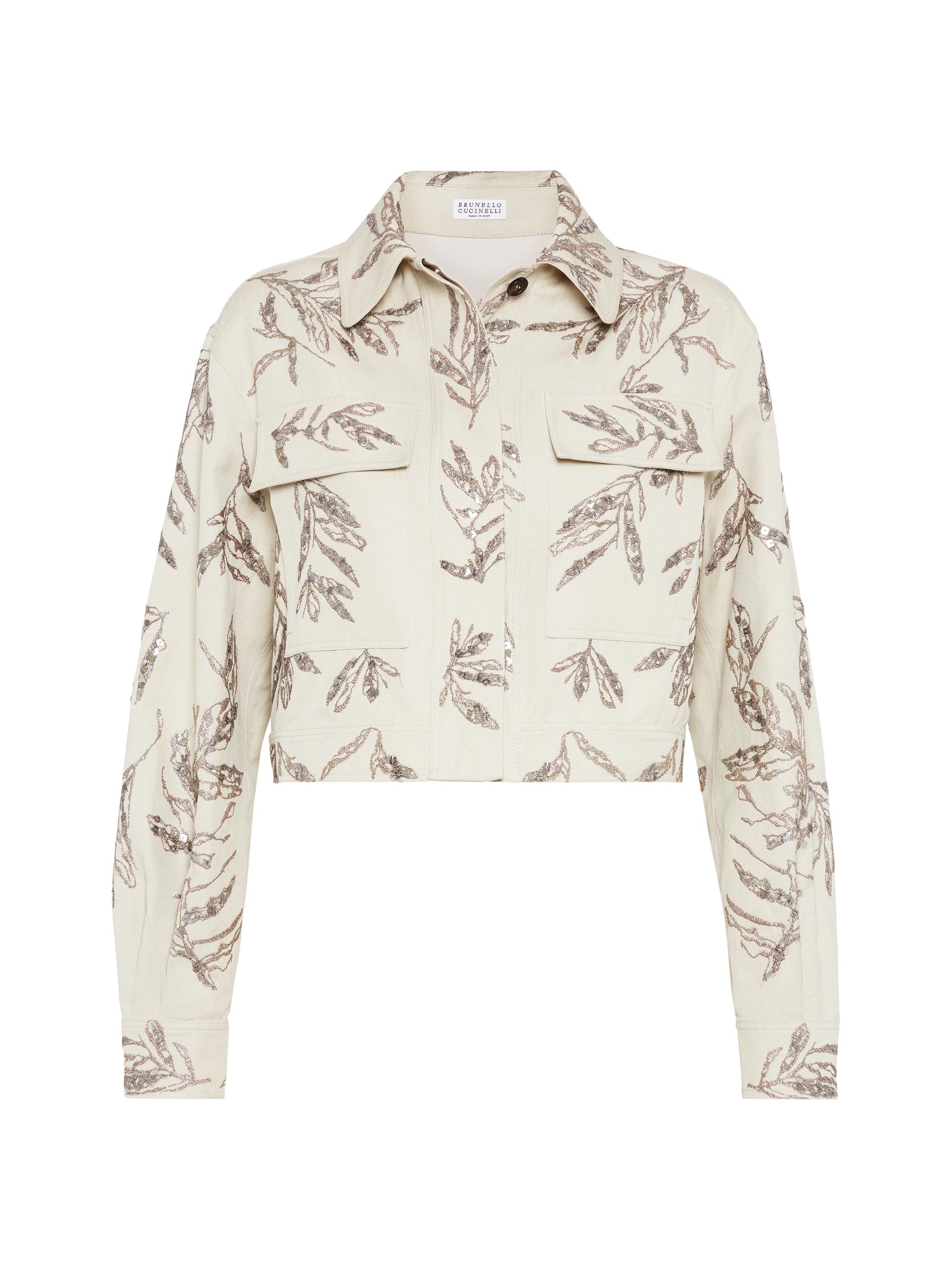 Brunello Cucinelli Women's Cotton and Linen Canvas Outerwear Jacket with Glistening Herbarium Embroidery - Natural