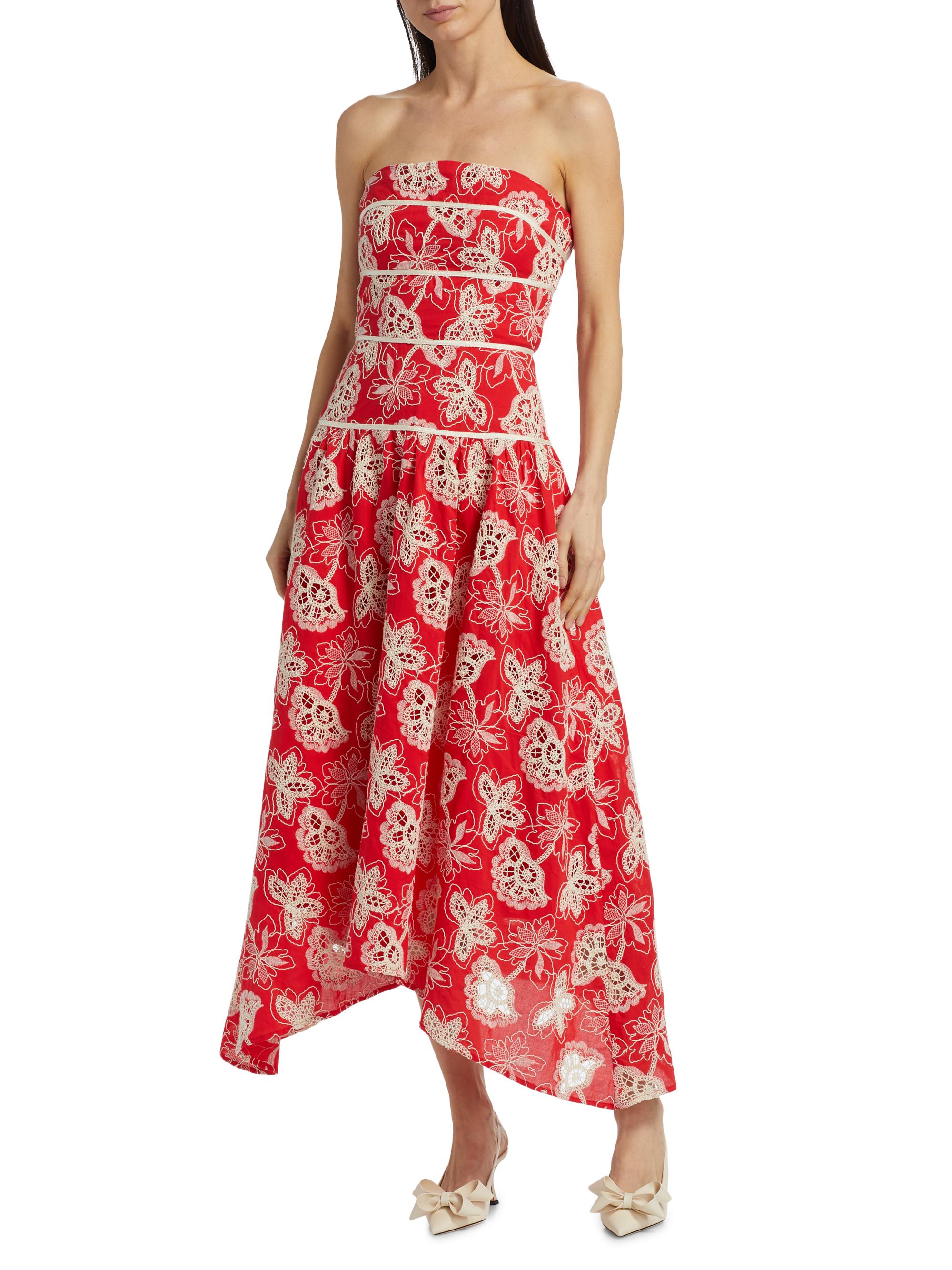 アルビ カップアイスプリントサンドレス（レッド）　140 Ramy Brook Blanca Flower Strapless Midi-Dress | Saks Fifth Avenue