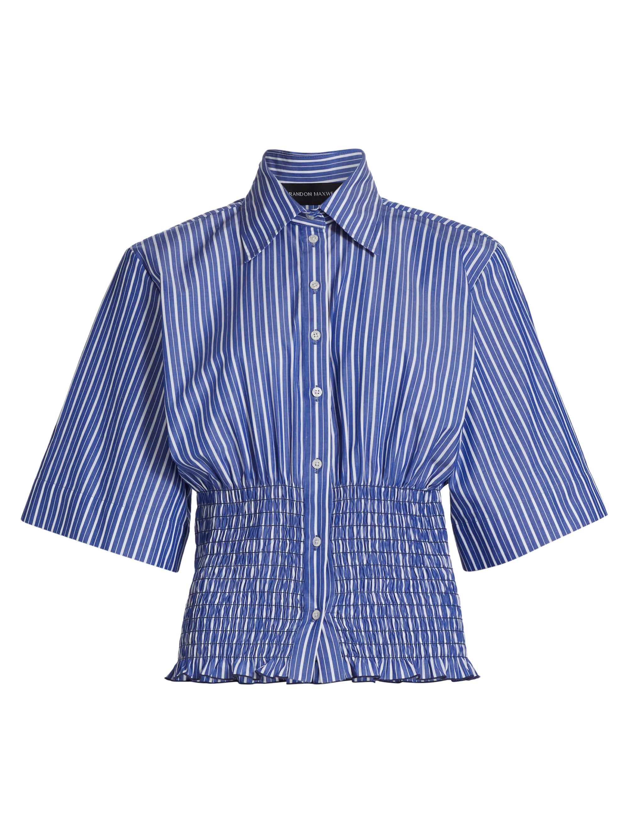 Brandon Maxwell Women's The Harte Smocked Cotton Shirt - Navy Stripe