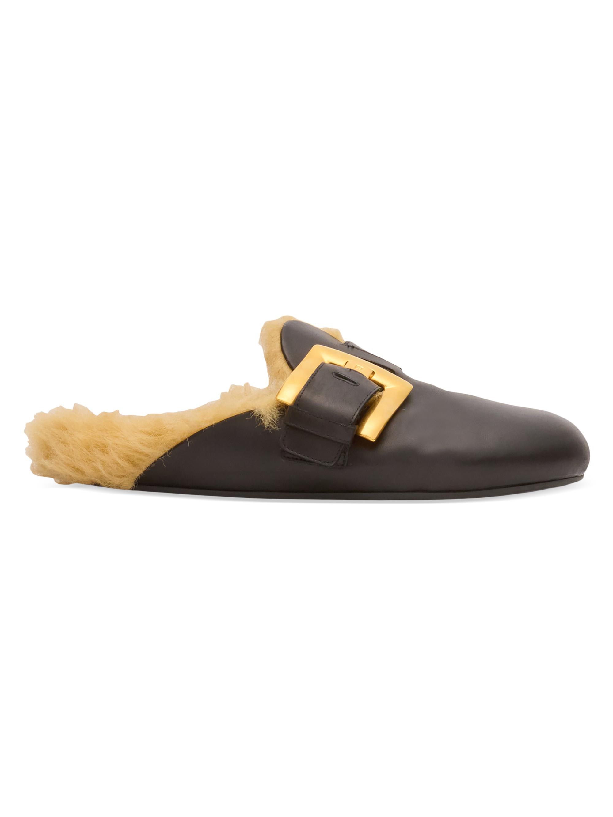 Balmain Men's Faux Fur-Trimmed Leather Mules - Black