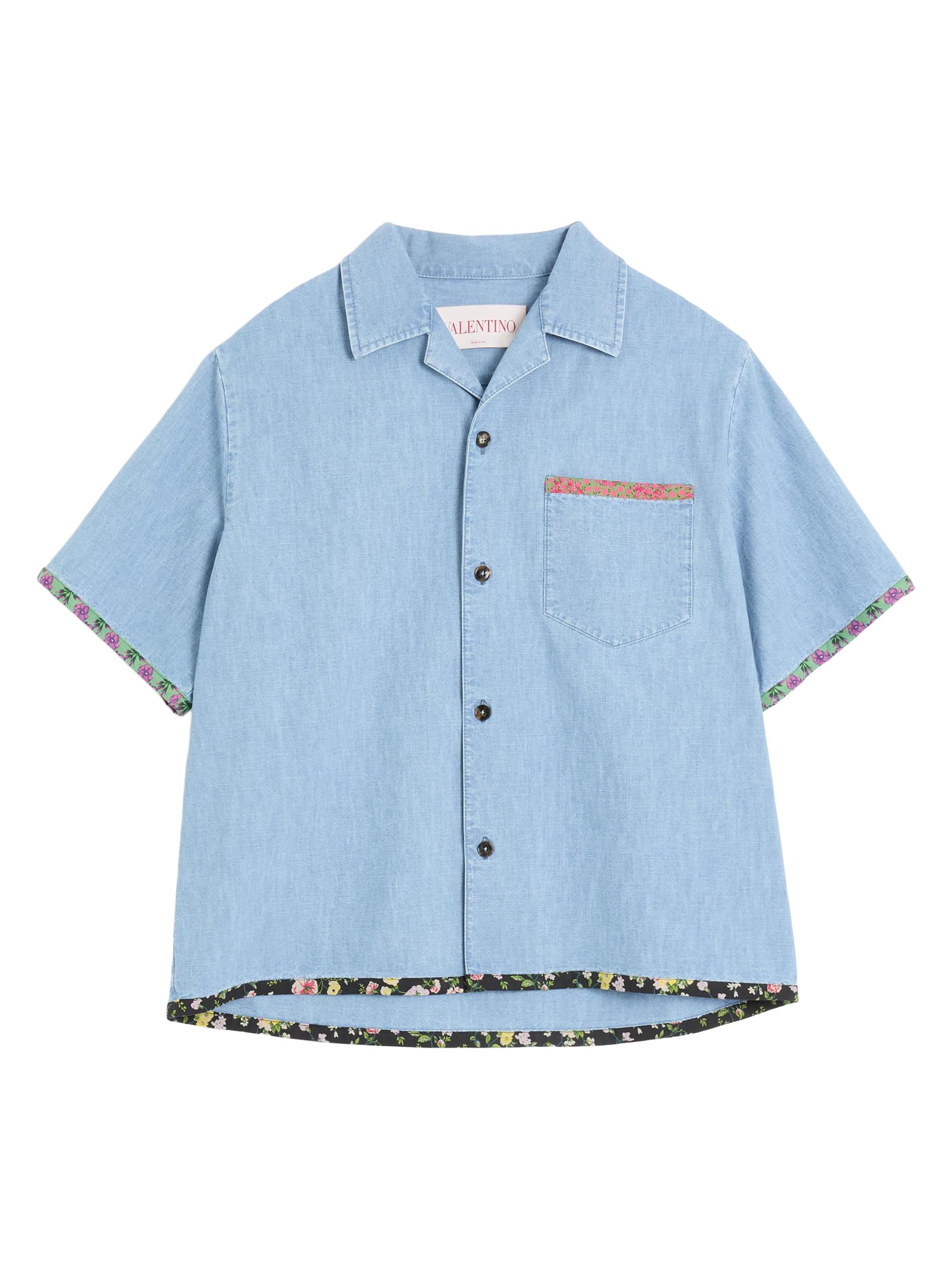 Valentino Garavani Men's Denim Bowling Shirt with Floral Print Trim - Denim