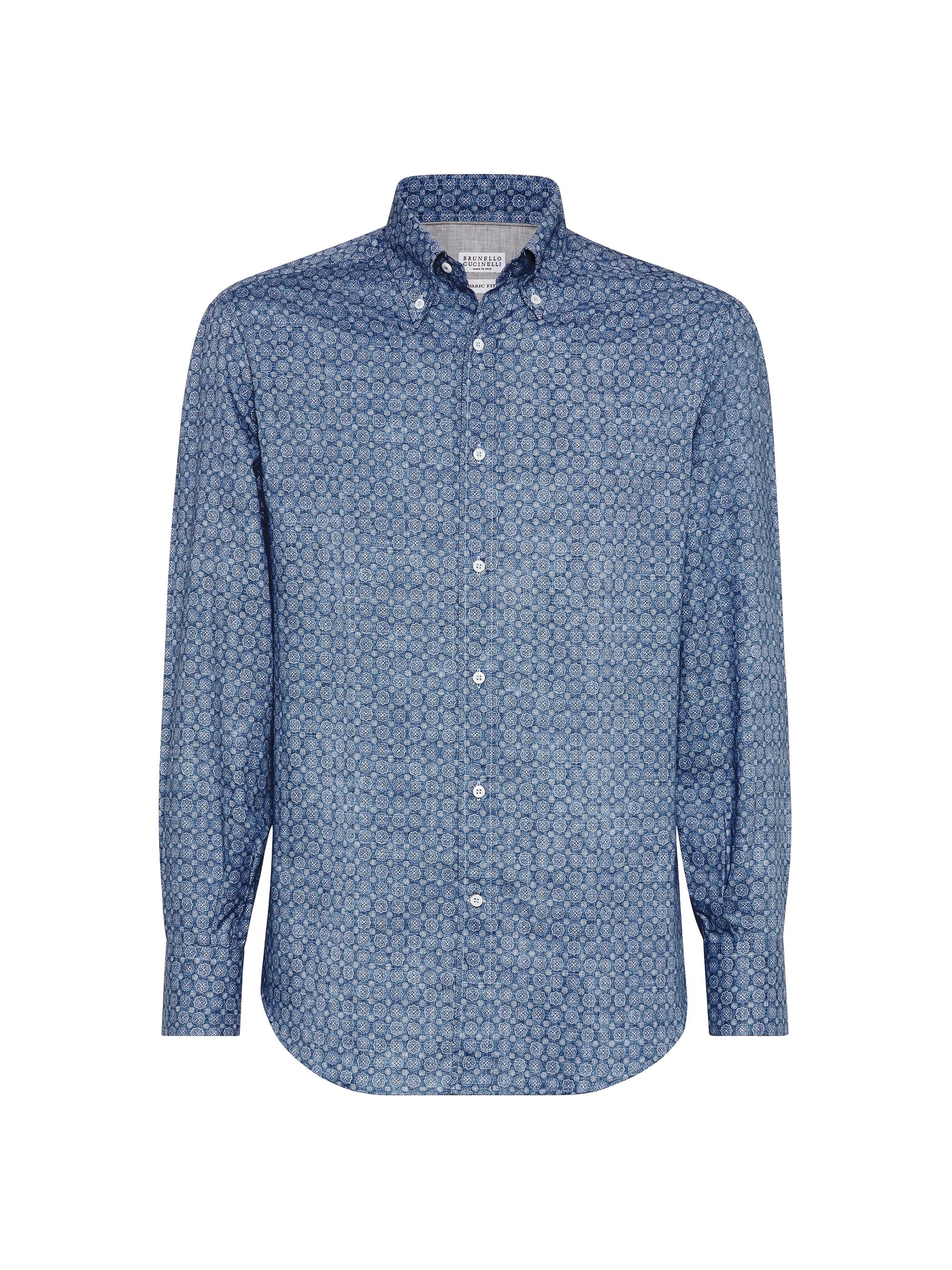 Brunello Cucinelli Men's Floral Print Twill Basic Fit Shirt - Denim