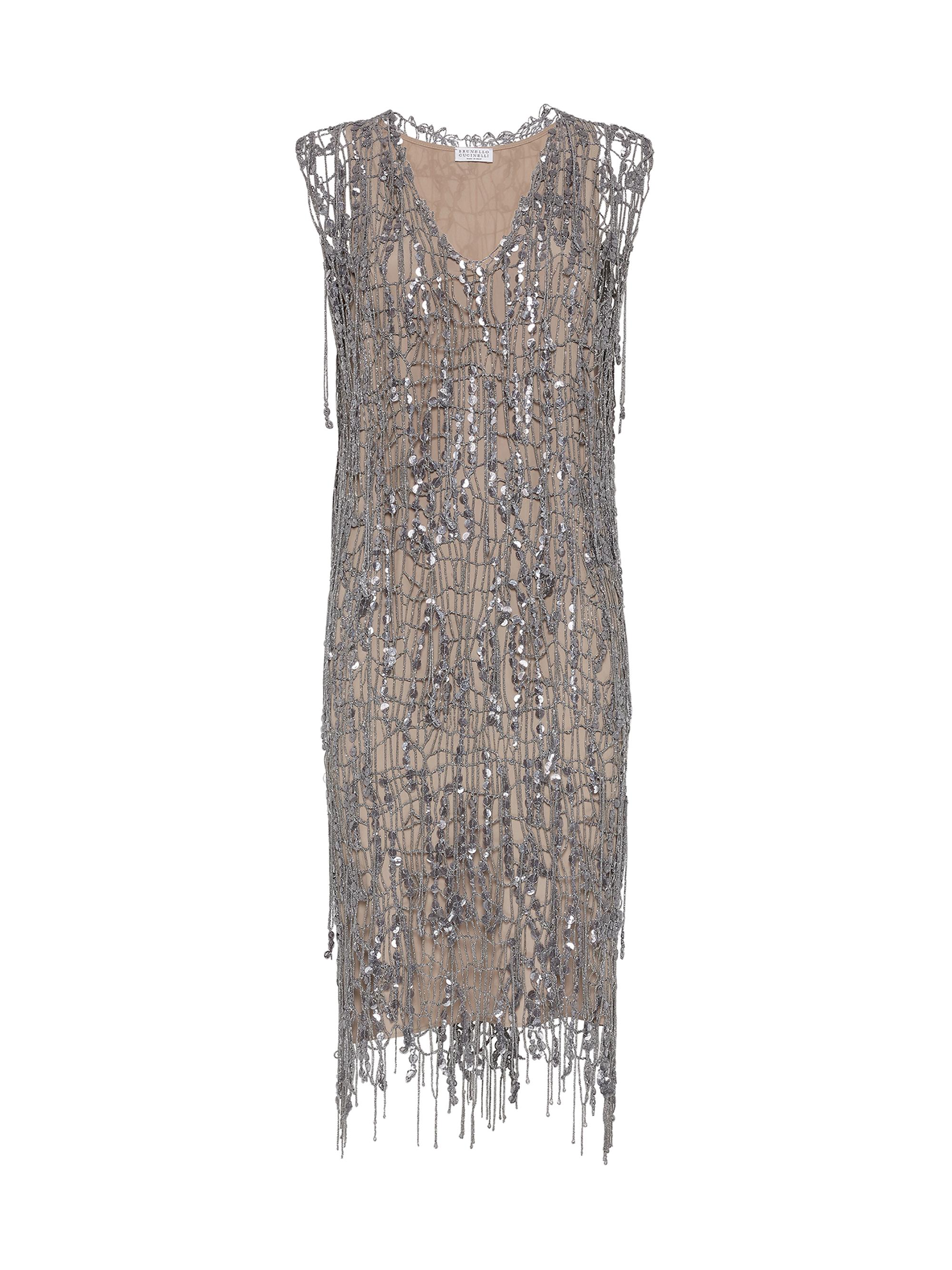 Brunello Cucinelli Women's Glistening Abstract Embroidery Knit Dress - Light Grey