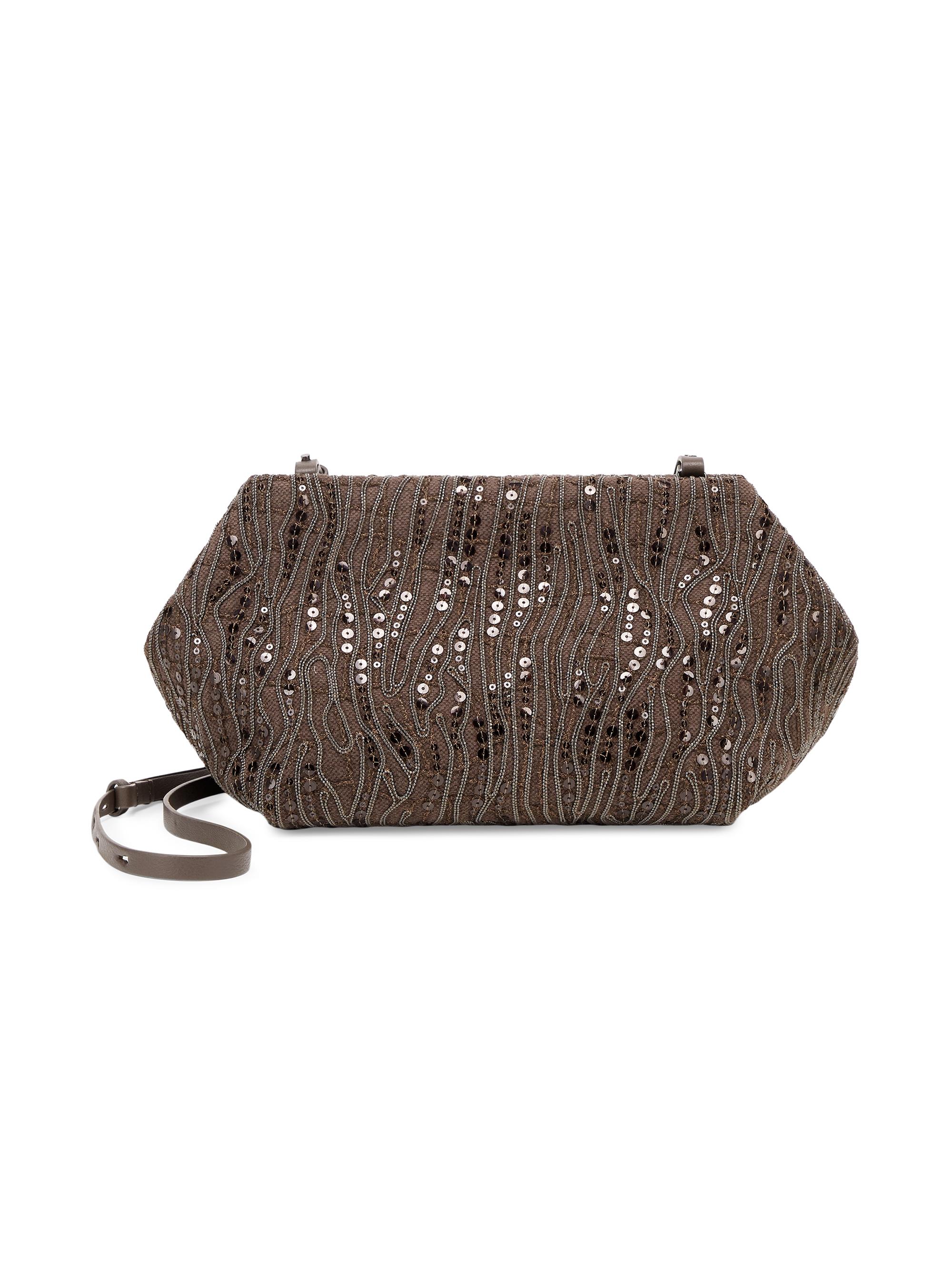 Brunello Cucinelli Women's Glistening Abstract Embroidery Pouch Bag - Coffee