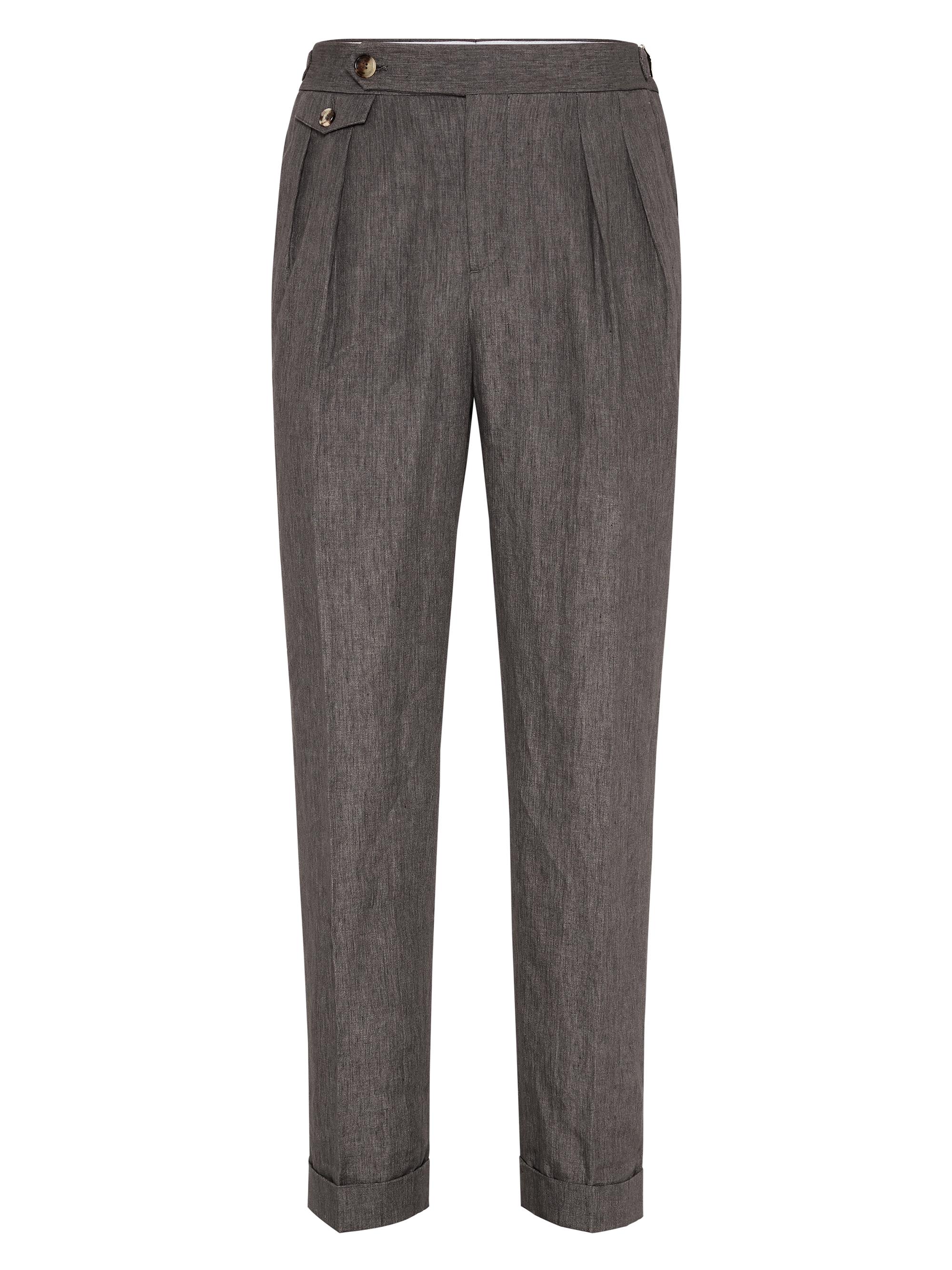 Brunello Cucinelli Men's Lightweight Délavé Linen Tailor Fit Trousers with Reversed Double Pleats - Anthracite