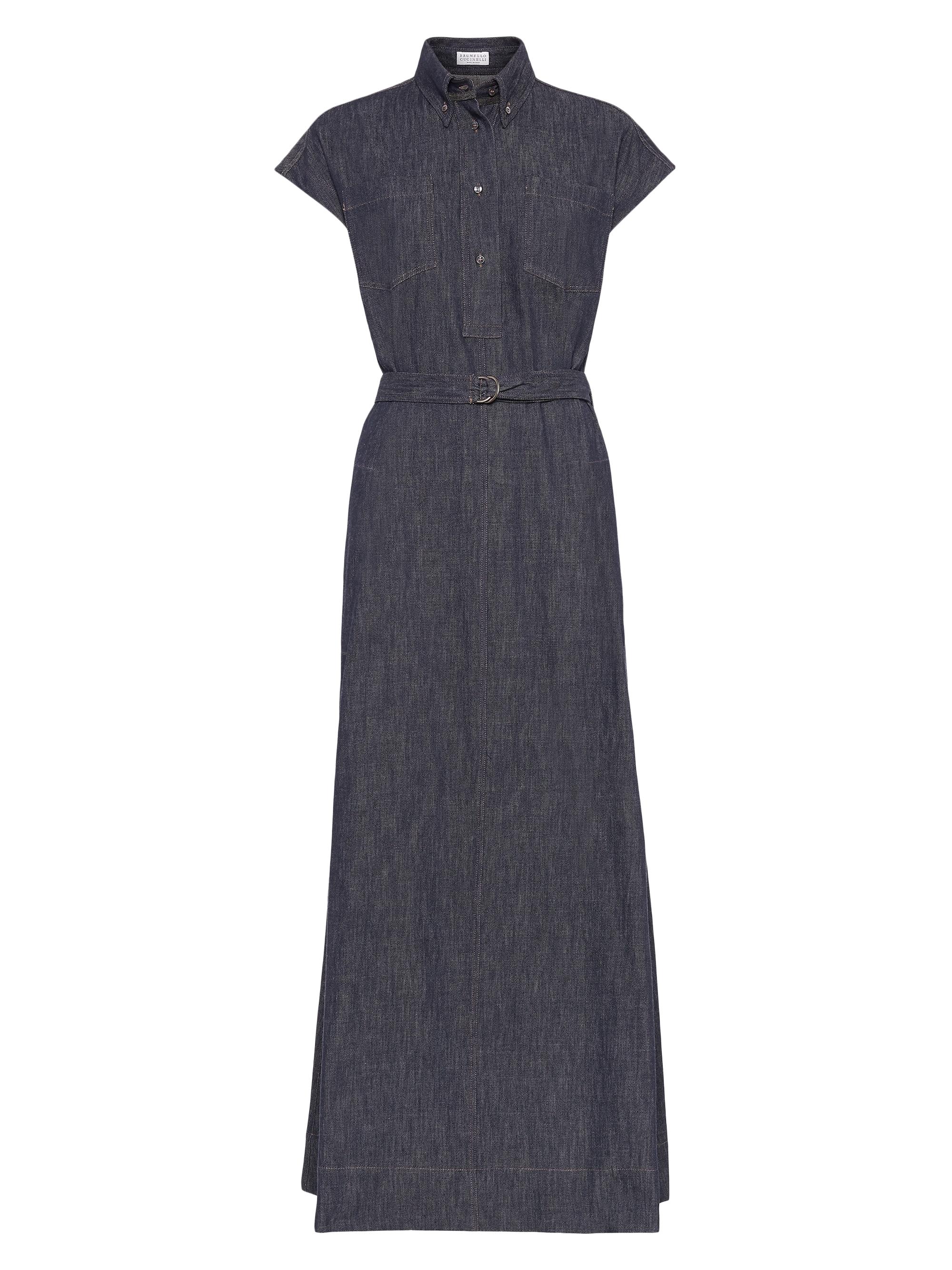 Brunello Cucinelli Women's Belted Shirt Dress with Precious Collar Details - Dark Denim