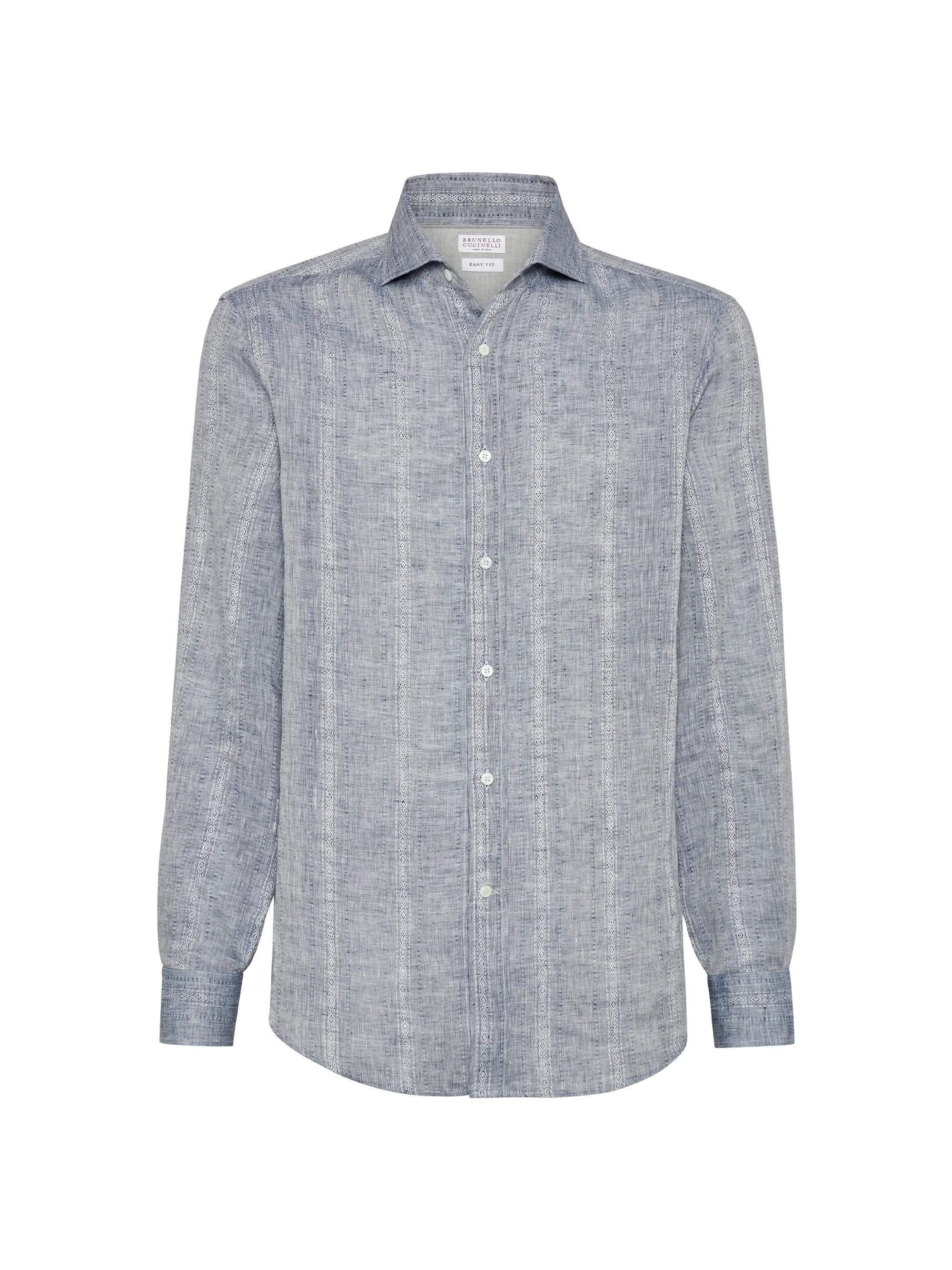 Brunello Cucinelli Men's Jacquard Stripe Linen Easy Fit Shirt with Spread Collar - Denim