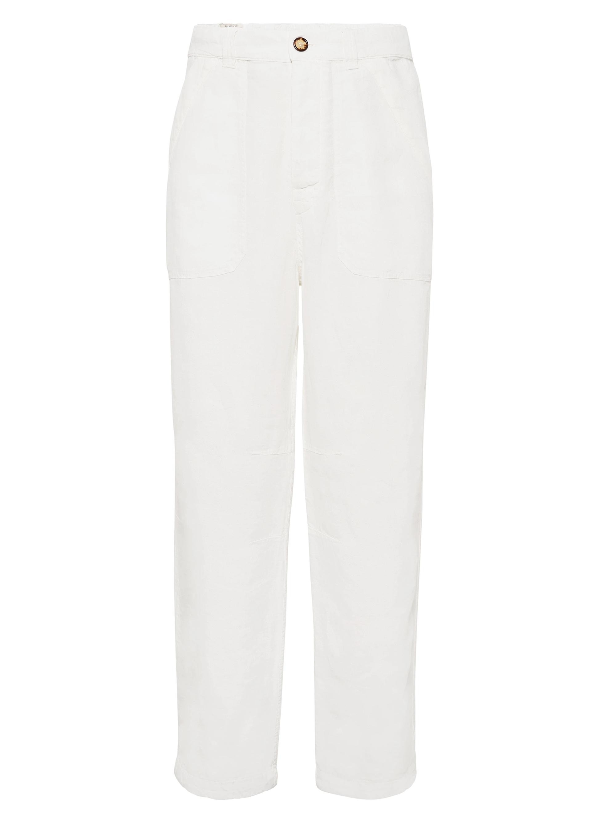 Brunello Cucinelli Men's Garment Dyed Relaxed Fit Trousers in Linen Gabardine - White