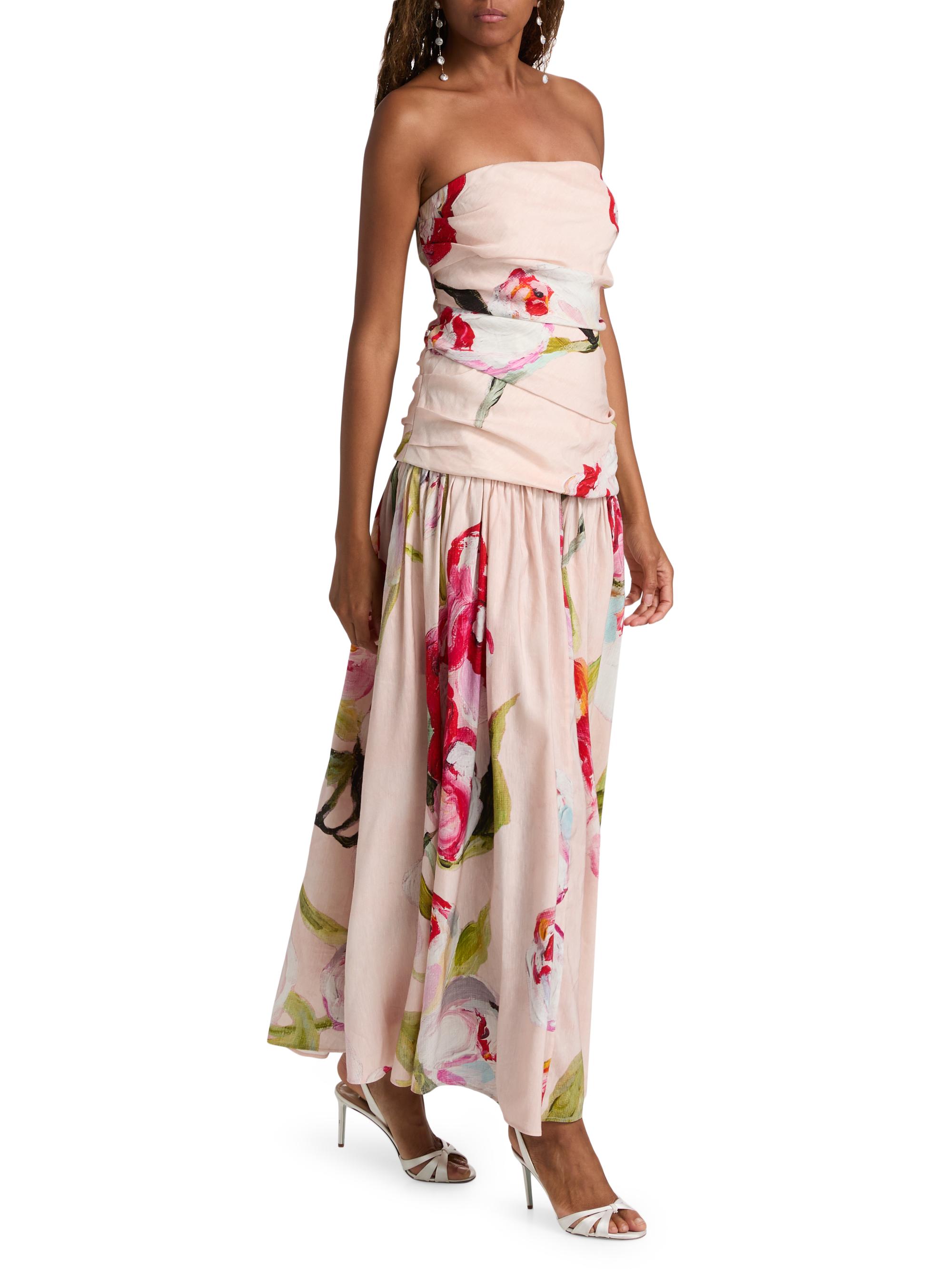 strapless watercolor print fit & flare dress Watercolor Floral Print Strapless Maxi Dress - Yellow