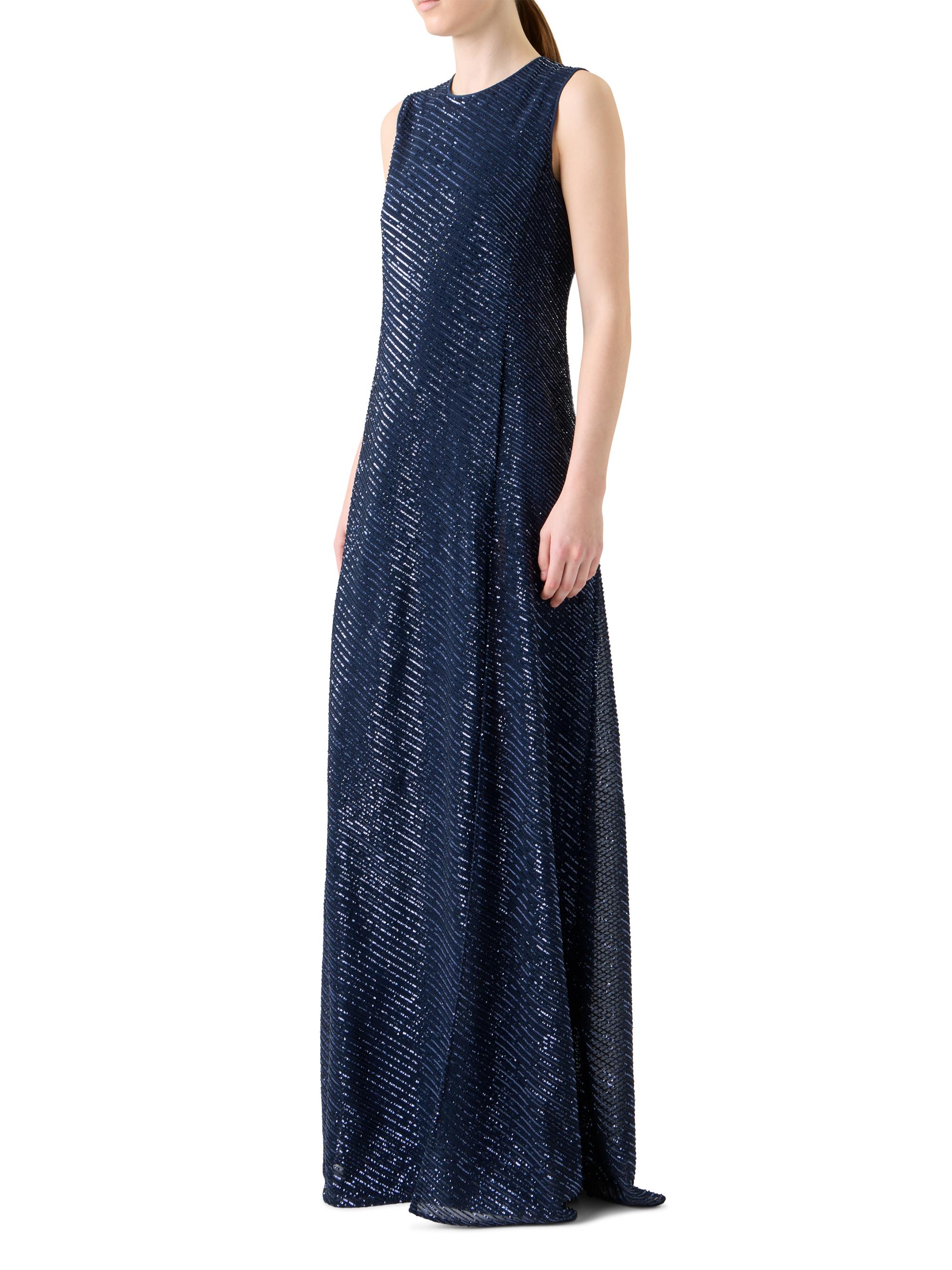Flared Diagonal Sequin Gown with Slit Denim Blue / 2
