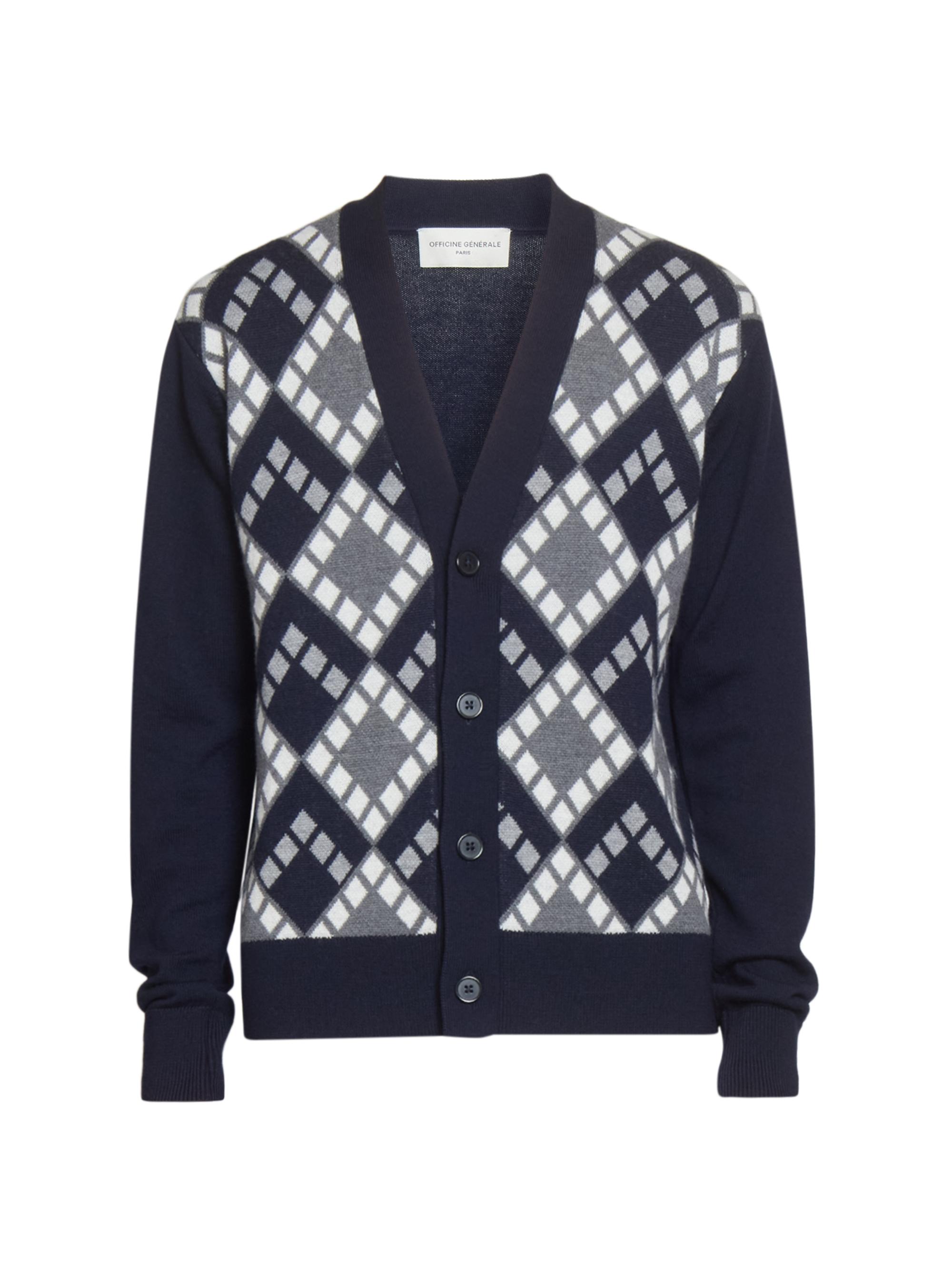 Officine Générale Men's Miles Intarsia Wool Cardigan - Dark Navy Light Grey Ecru