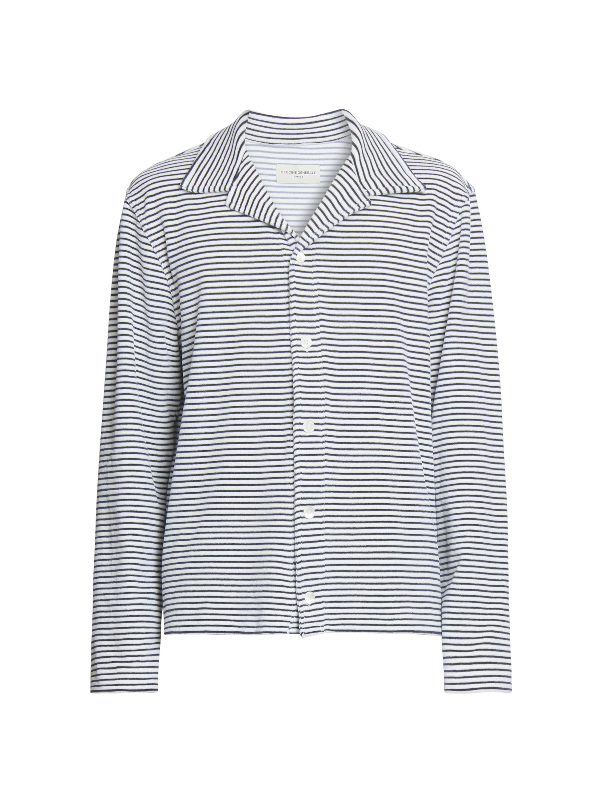 Officine Générale Men's Kai Striped Cotton Terry Shirt - White Heather Blue