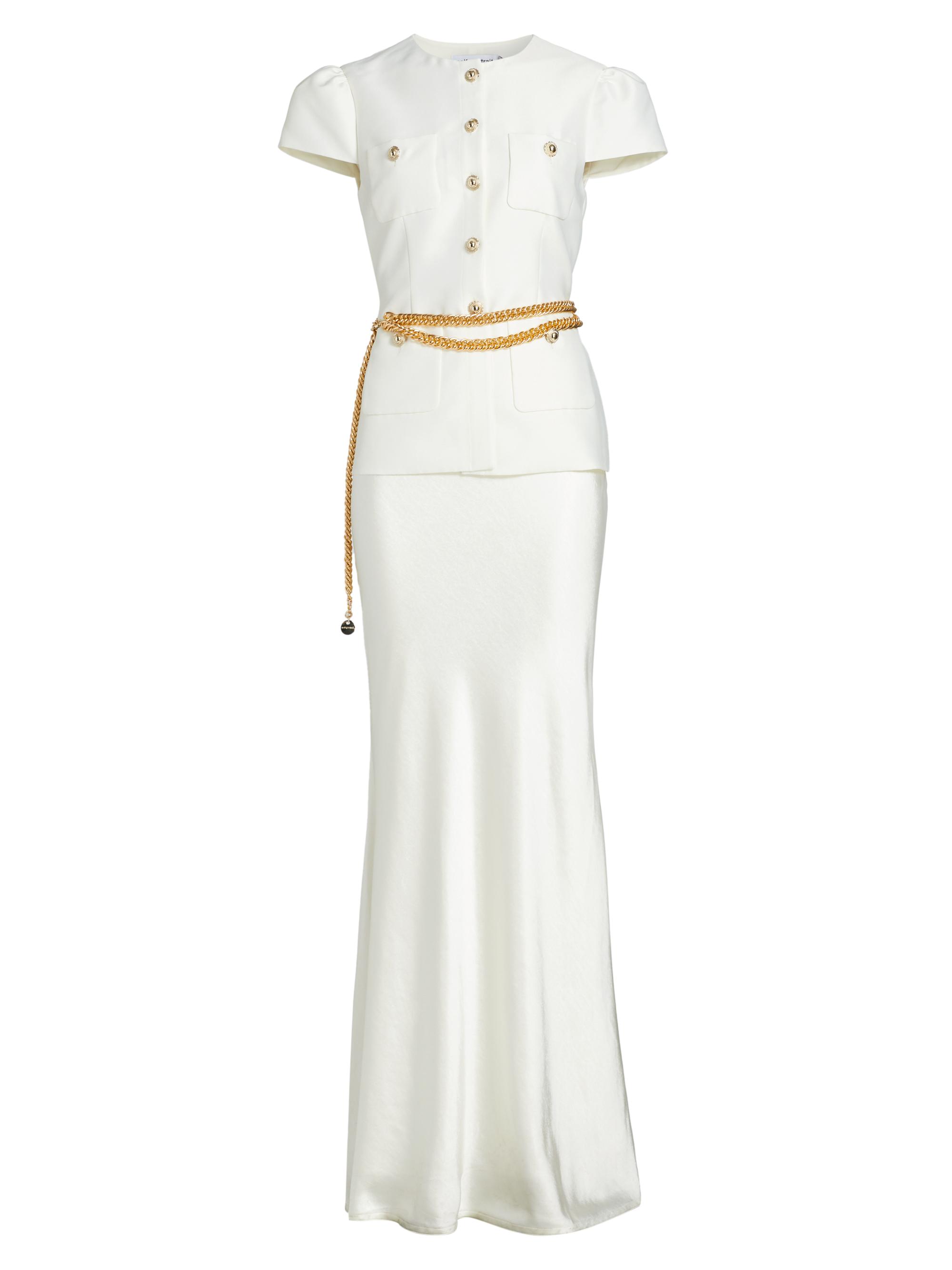 green emerald velvet dress Zimora Gold Buckle Waist Drape Maxi Dress White– Selfie Leslie main image 1