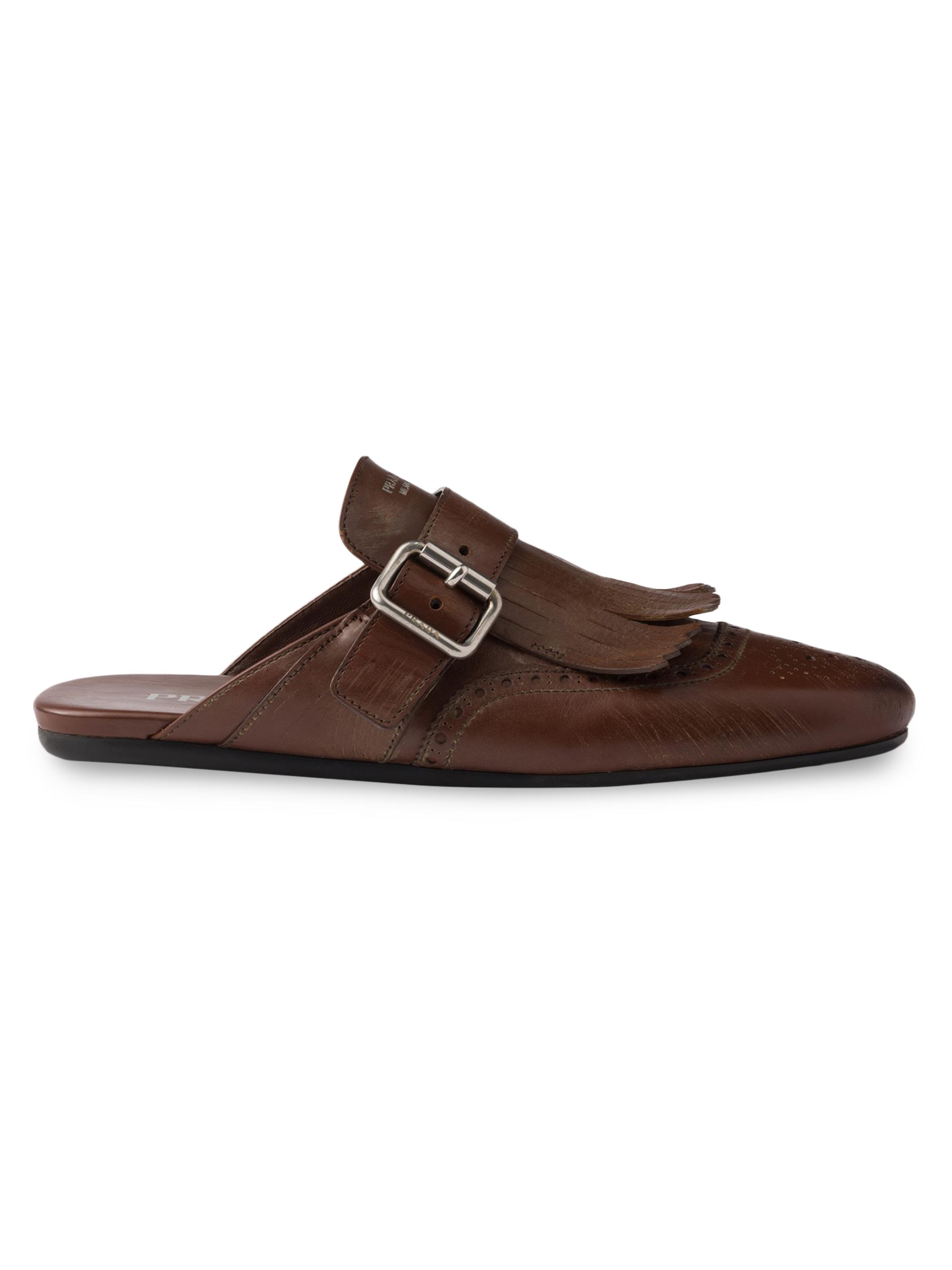 Prada Women's Shuffle Fringed Leather Mules - Brown