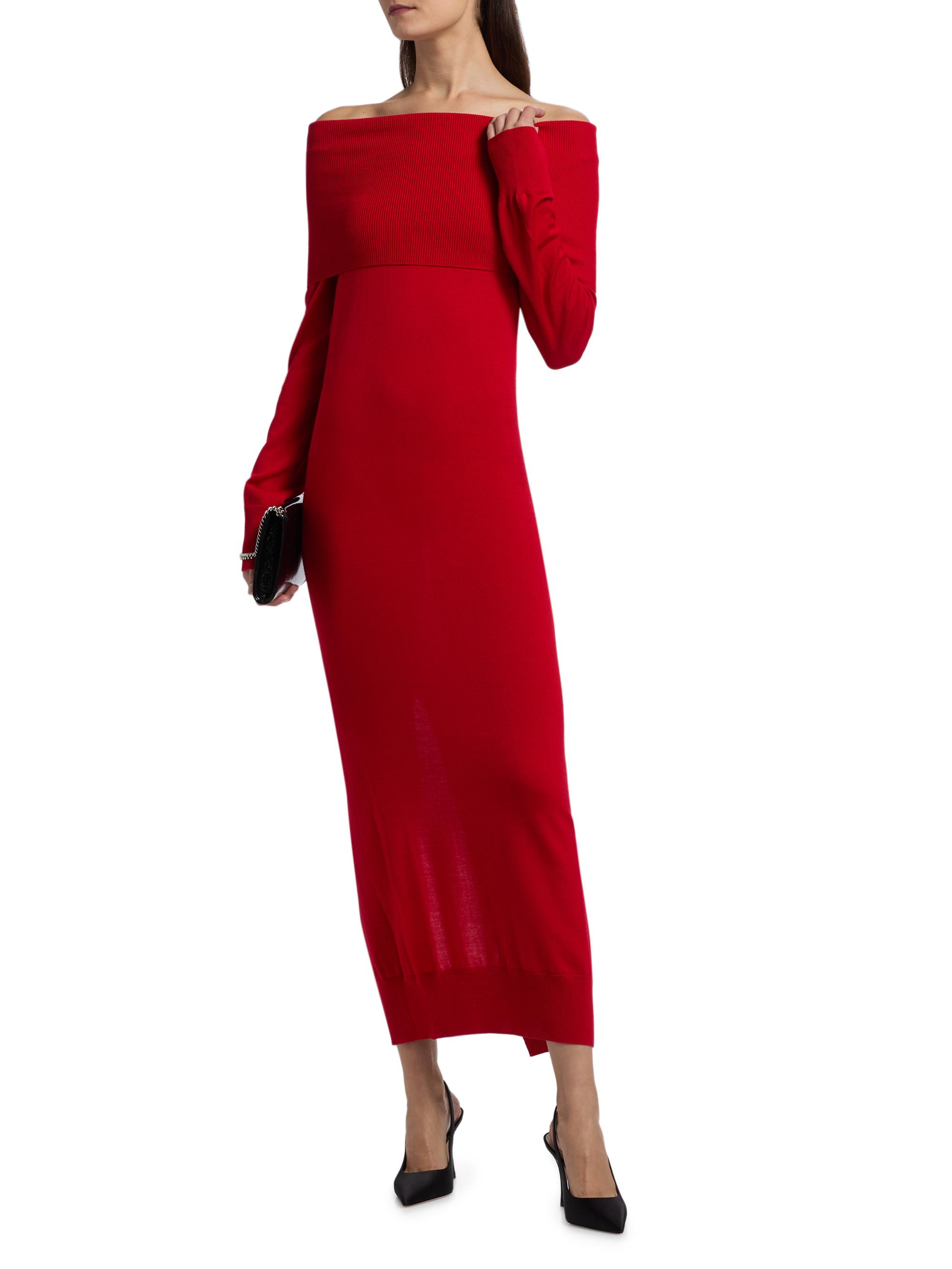 Wedding Designer Dresses Stella Mccartney Dress Sale Off-shoulder Virgin  Wool Maxi Dress In Red Stella