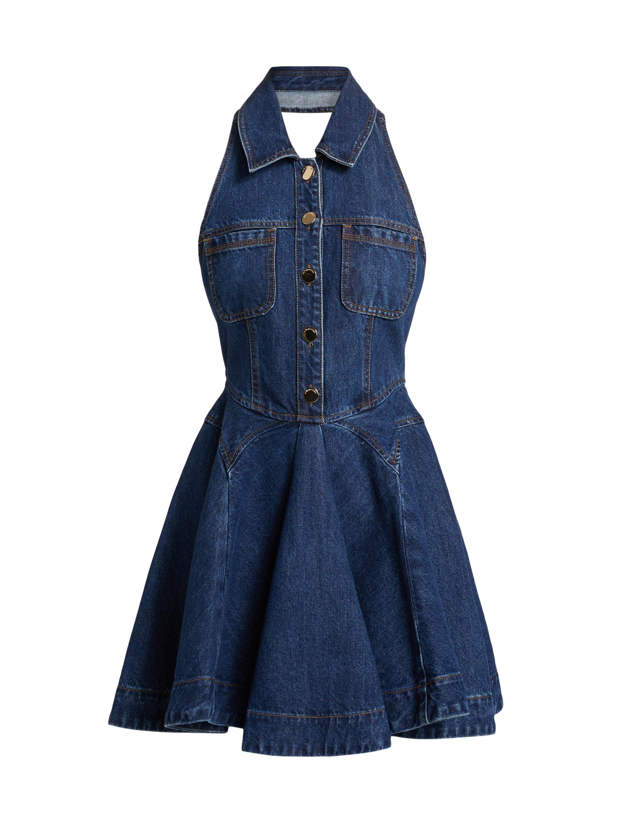 Self-Portrait Halter Denim Fit & Flare Minidress | Saks Fifth Avenue
