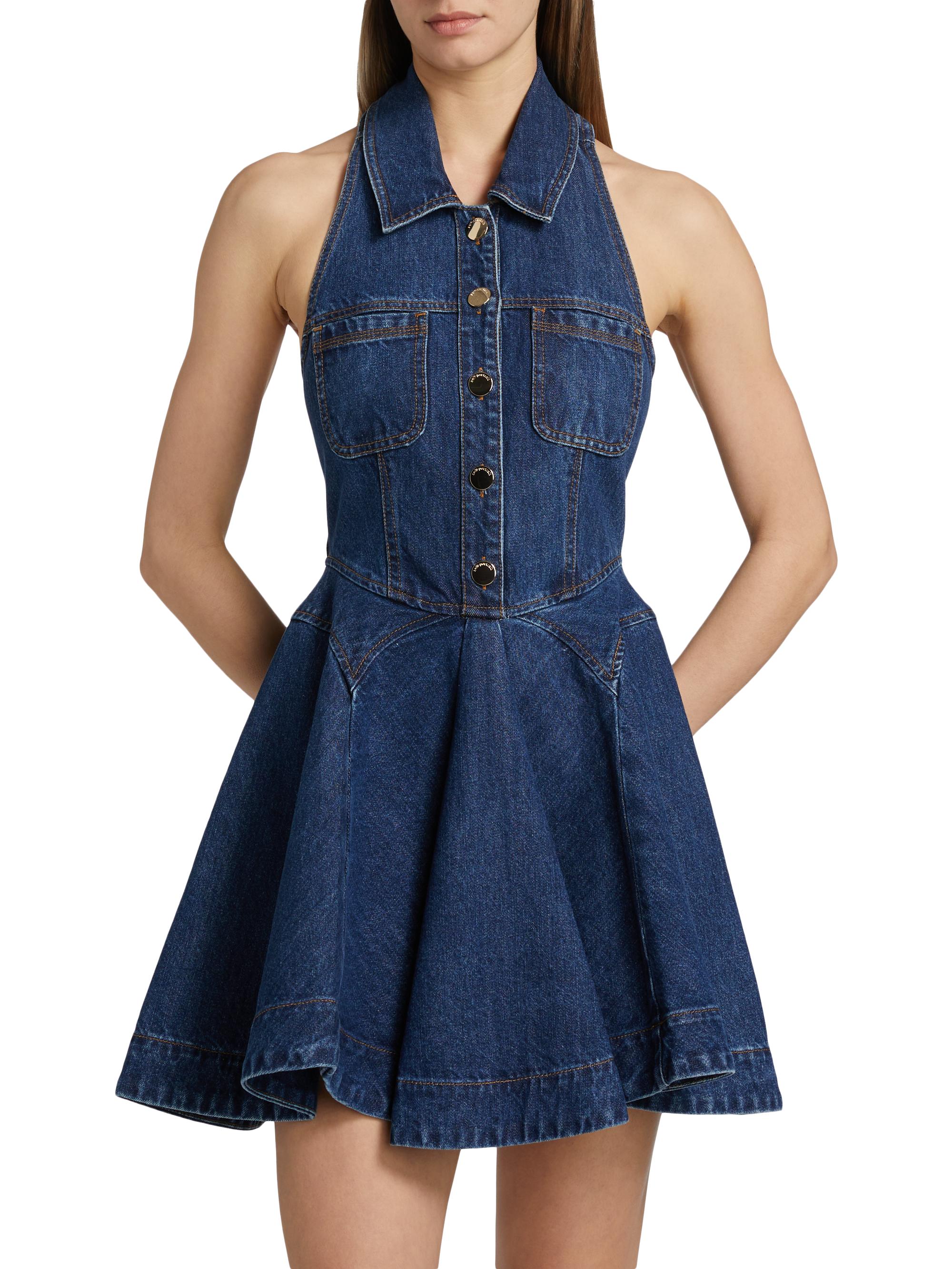 Self-Portrait Halter Denim Fit & Flare Minidress | Saks Fifth Avenue
