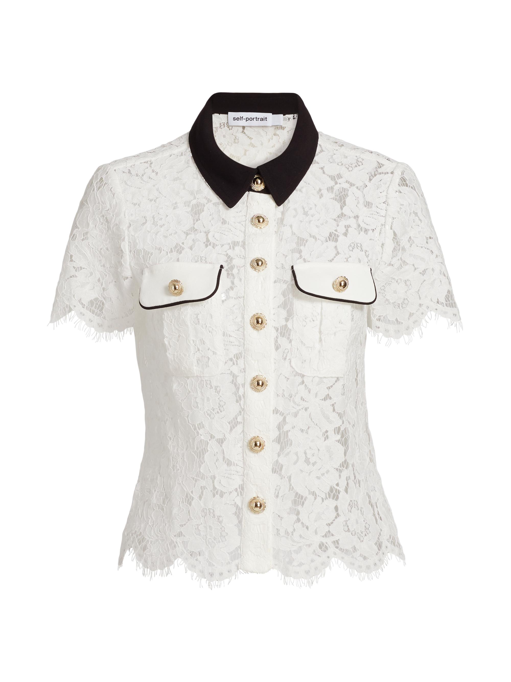 Self-Portrait Women's Lace Contrast Collar Short-Sleeve Shirt - White