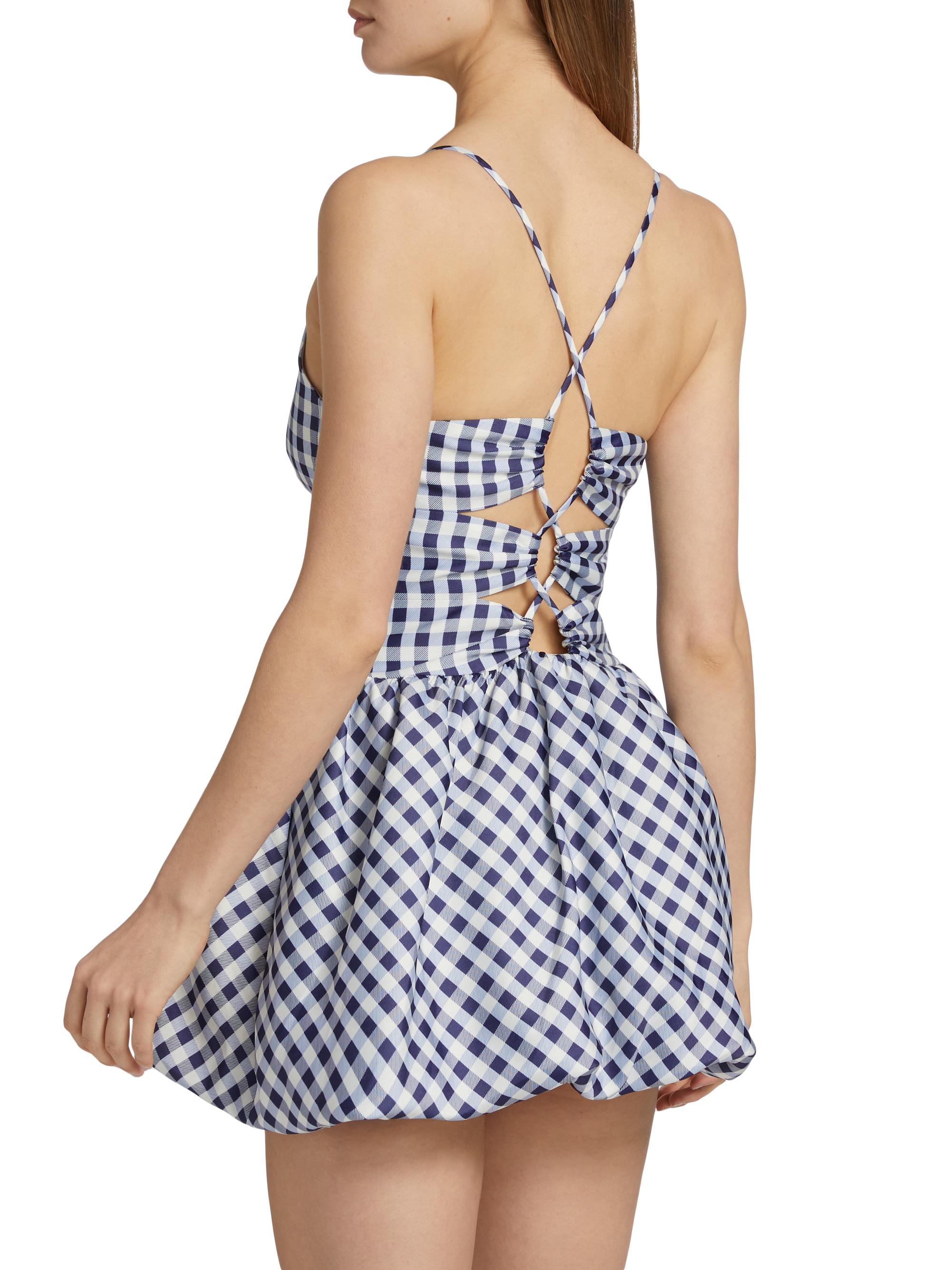 Self Portrait Girls Gingham Taffeta Skirt in Navy