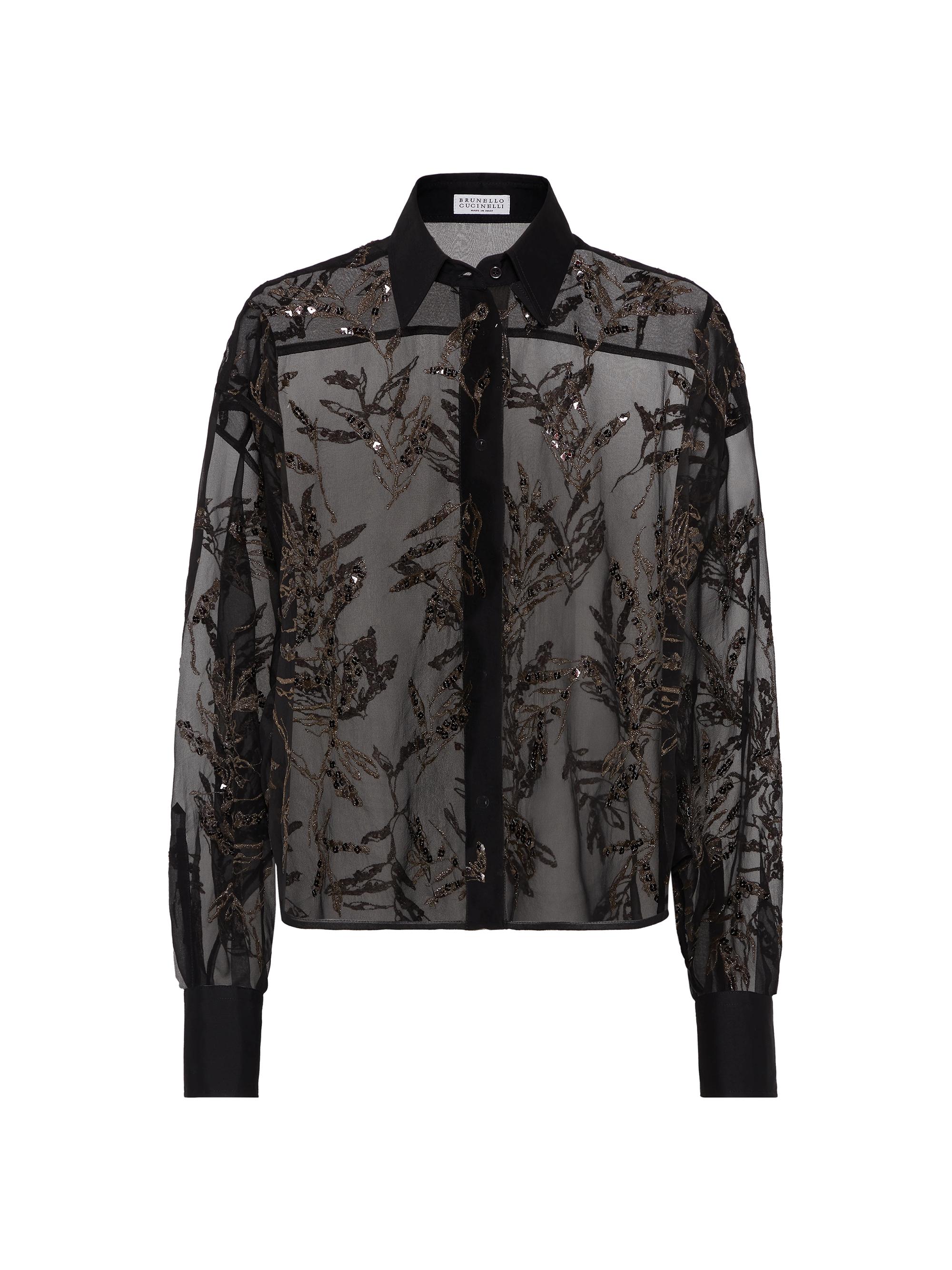 Brunello Cucinelli Women's Crispy Silk Shirt with Glistening Herbarium Embroidery - Black