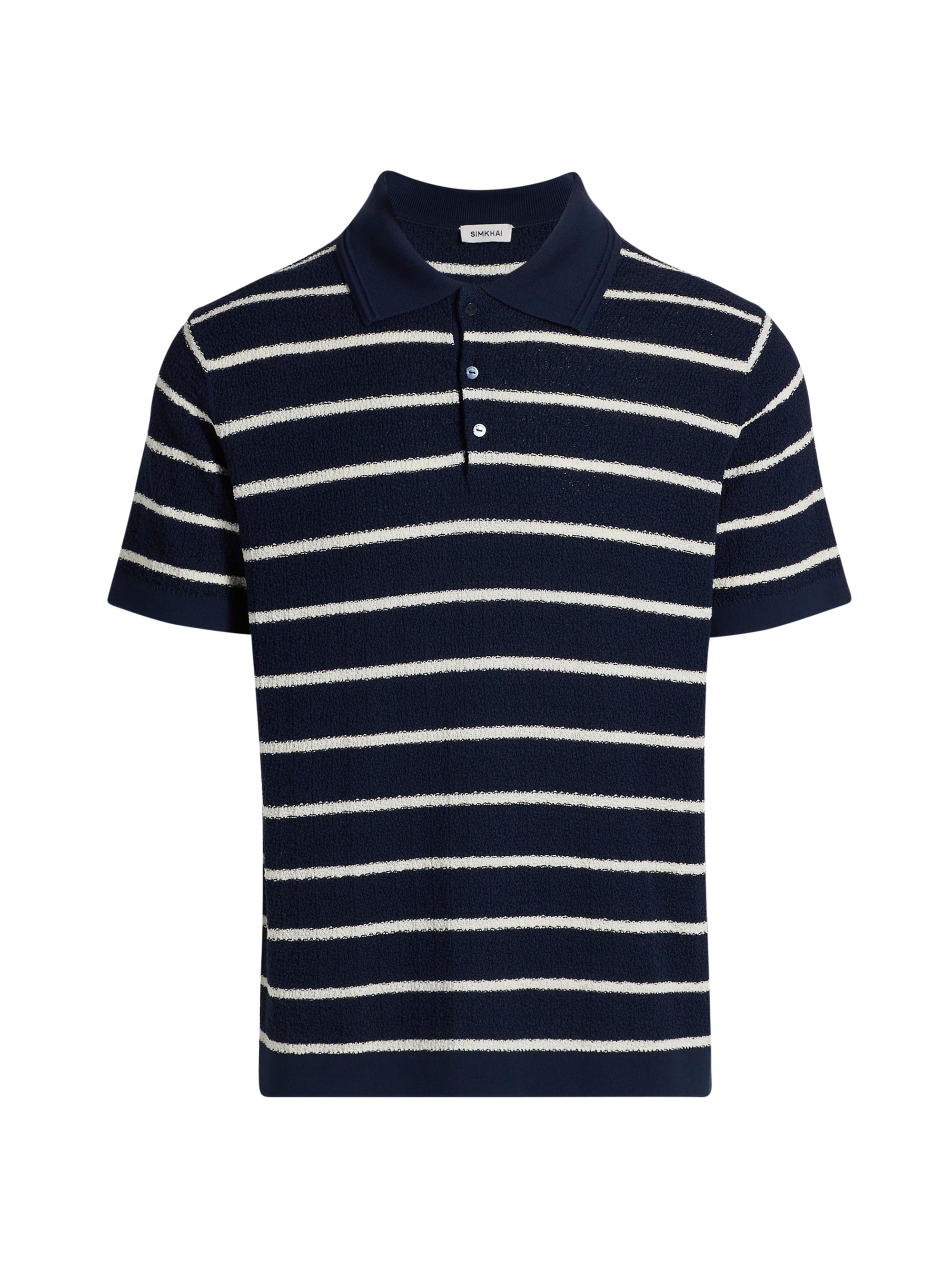 SIMKHAI Men's Calum Cotton-Silk Polo Shirt - Midnight Stripe