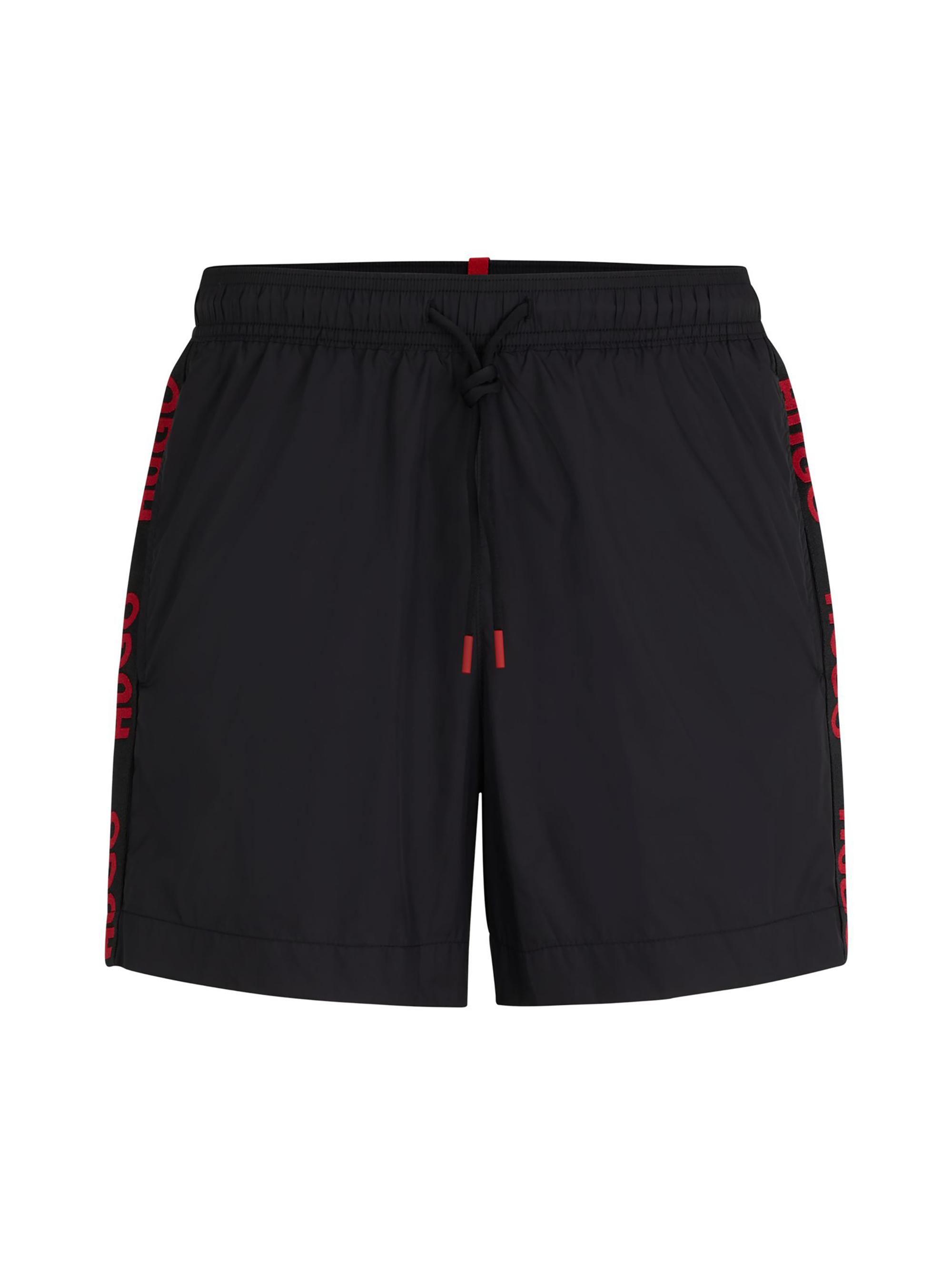 HUGO Men's Fully Lined Swim Shorts with Logo Tape - Black