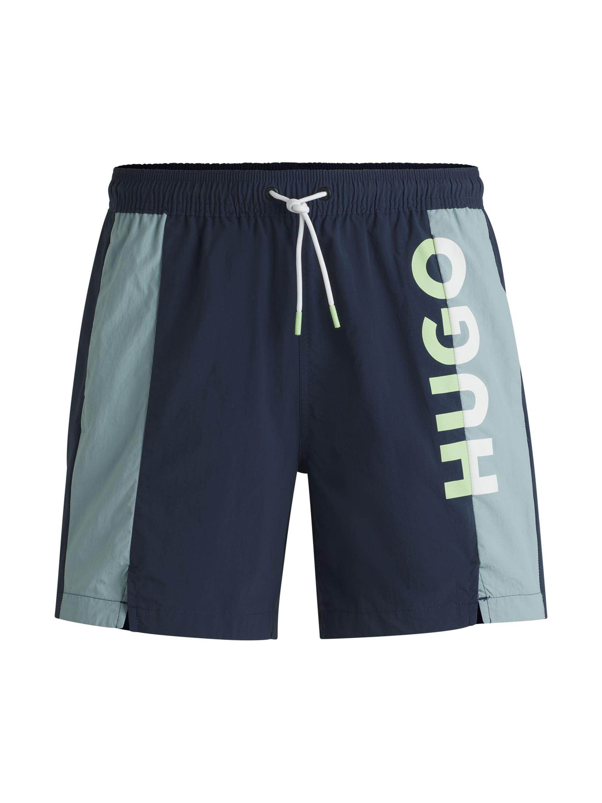HUGO Men's Color-Blocked Swim Shorts with Two-Tone Logo - Blue